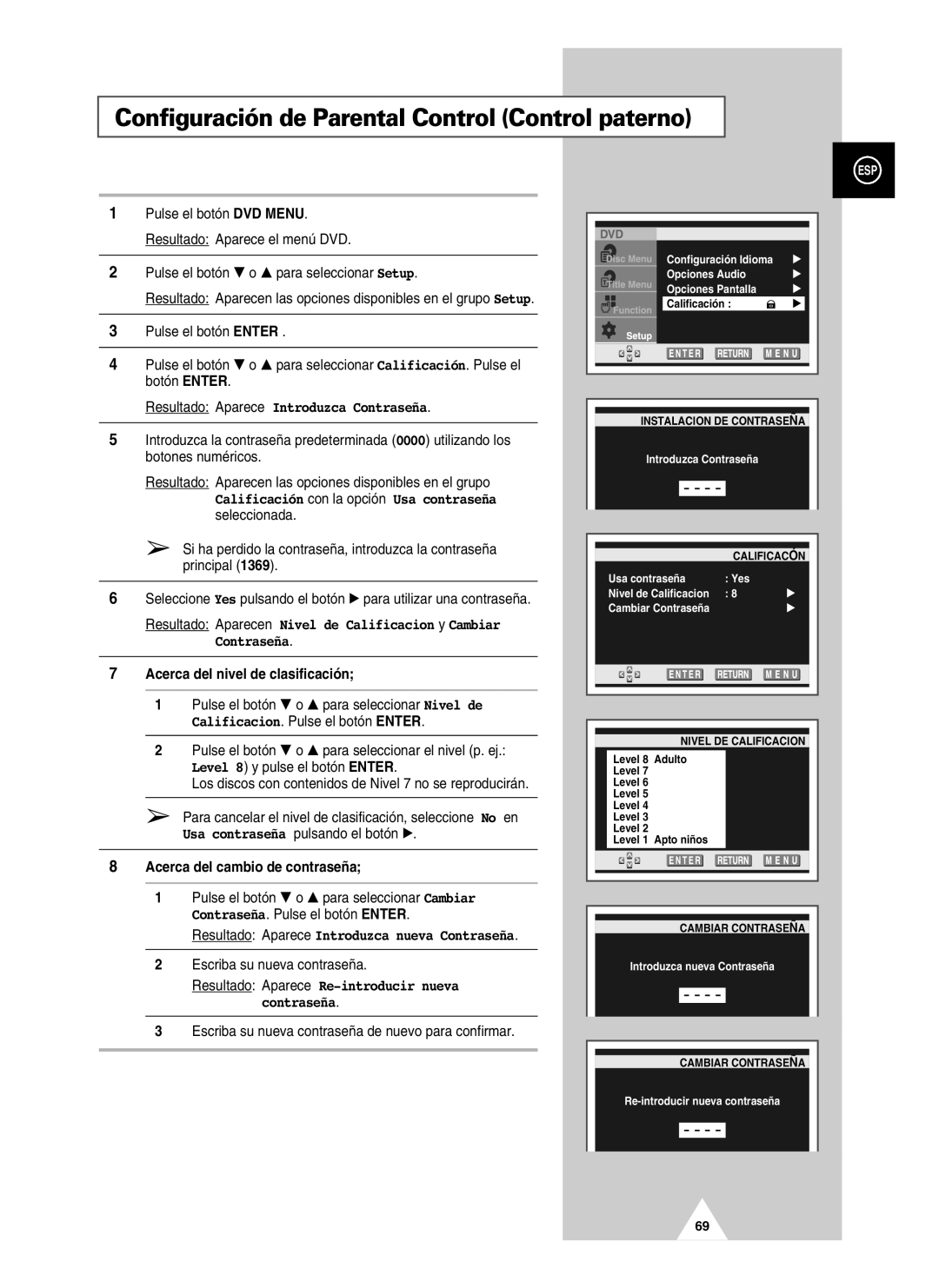 Samsung UW21J10VD5XXEC manual Configuración de Parental Control Control paterno, Resultado Aparece Introduzca Contraseña 