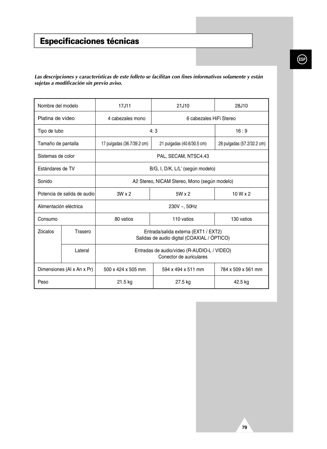 Samsung UW28J10VD5XXEC, UW21J10VD5XXEC, UW21J10VD5XXEF manual Especificaciones técnicas 