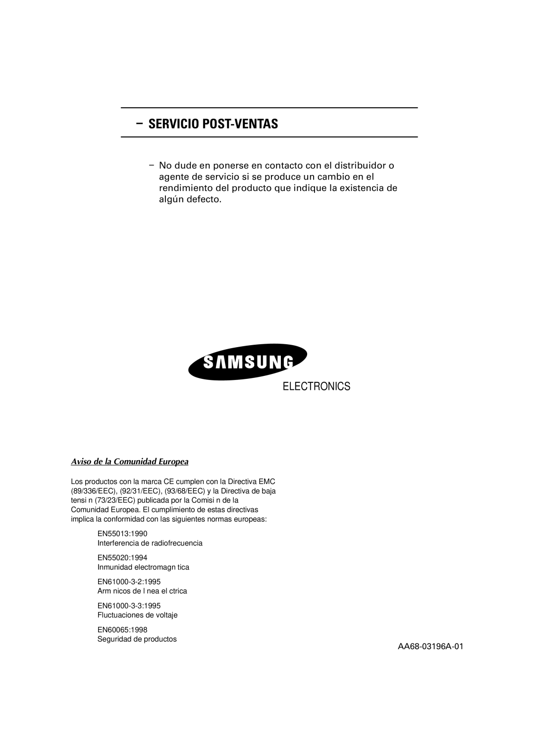 Samsung UW28J10VD5XXEC, UW21J10VD5XXEC, UW21J10VD5XXEF manual Servicio POST-VENTAS, Aviso de la Comunidad Europea 