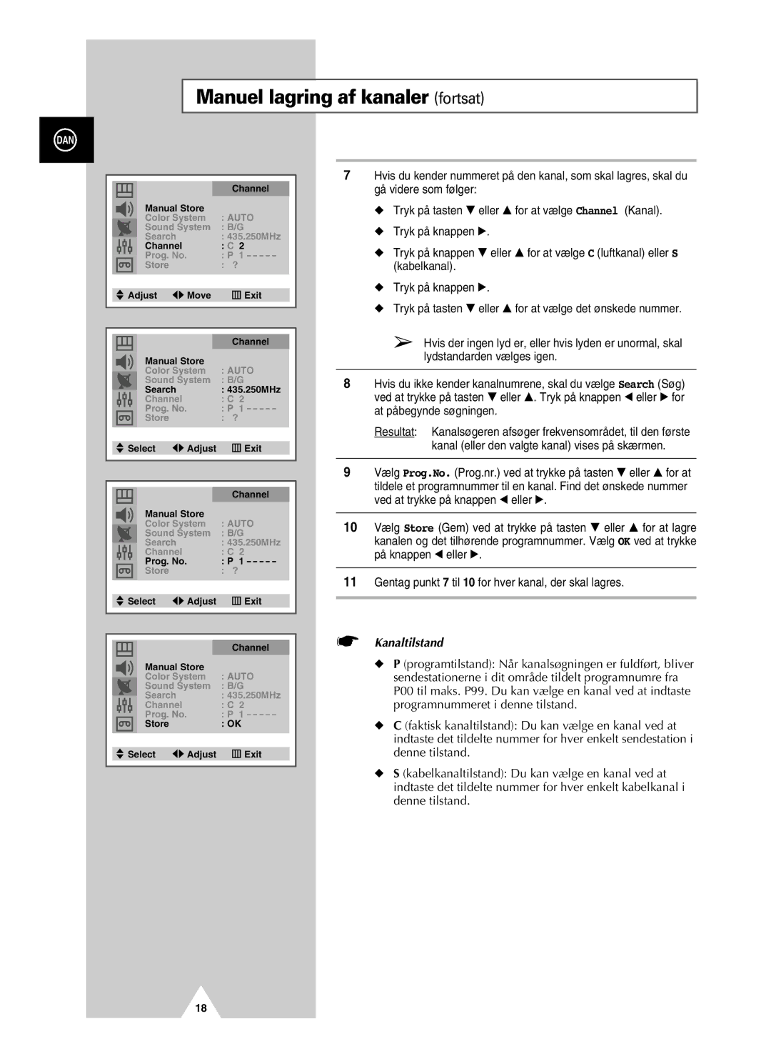 Samsung UW21J10VD5XXEC, UW28J10VD5XXEC manual Manuel lagring af kanaler fortsat, Kanaltilstand 