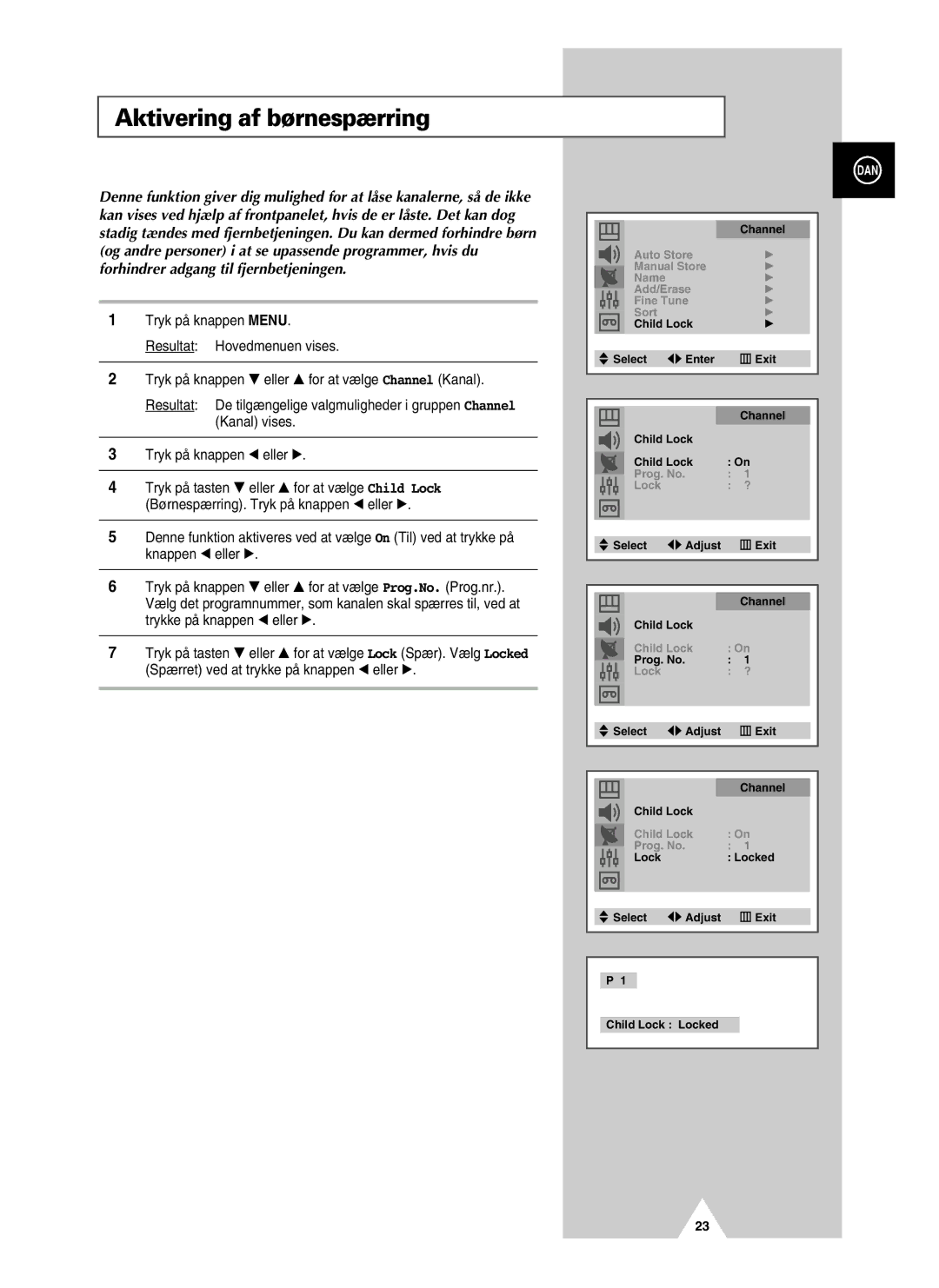 Samsung UW28J10VD5XXEC, UW21J10VD5XXEC manual Aktivering af børnespærring 