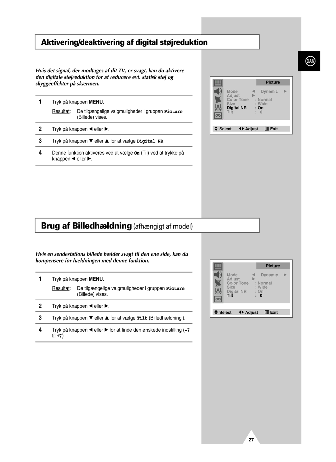 Samsung UW28J10VD5XXEC manual Brug af Billedhældning afhængigt af model, Aktivering/deaktivering af digital støjreduktion 