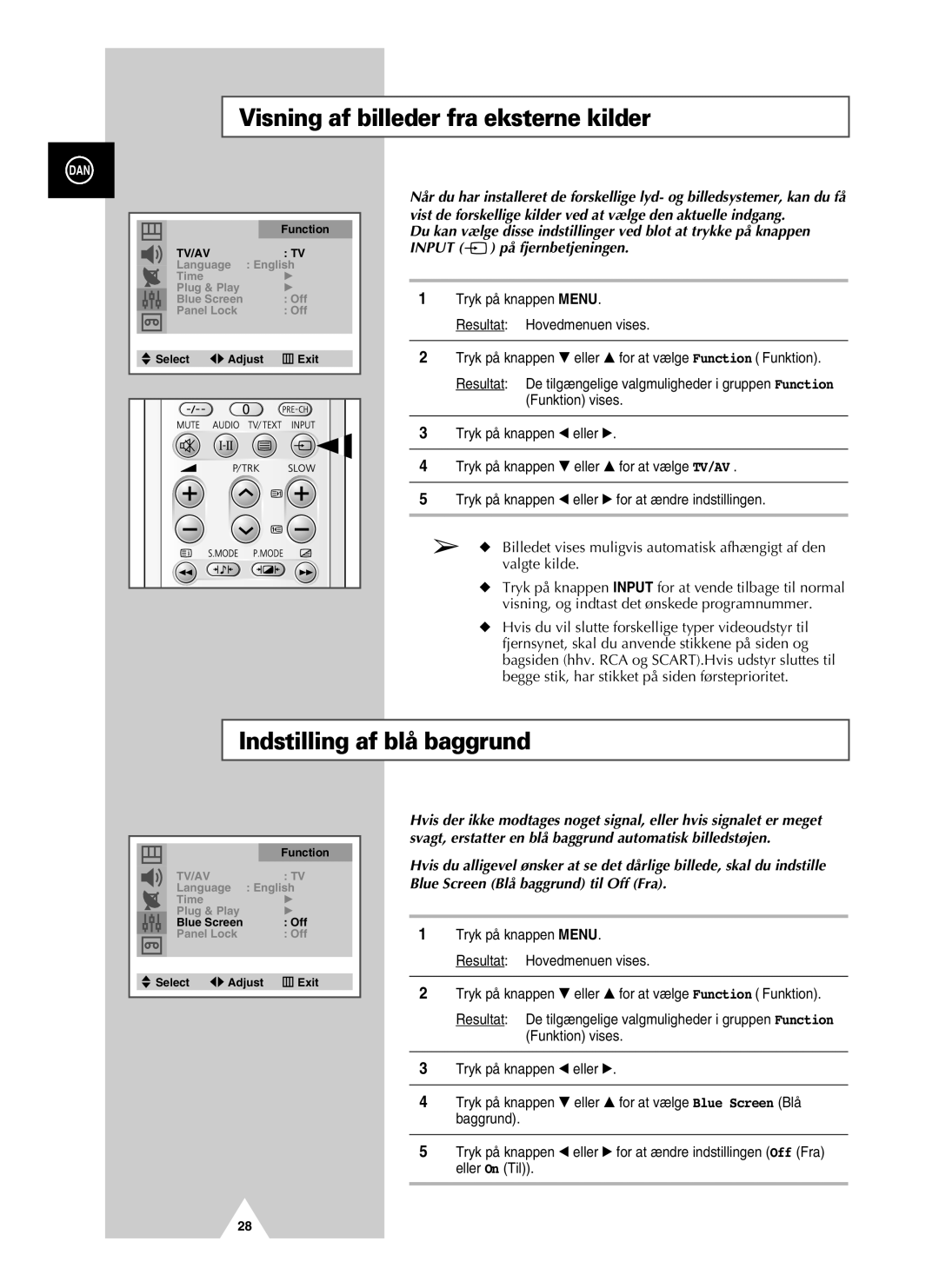 Samsung UW21J10VD5XXEC, UW28J10VD5XXEC manual Visning af billeder fra eksterne kilder, Indstilling af blå baggrund 