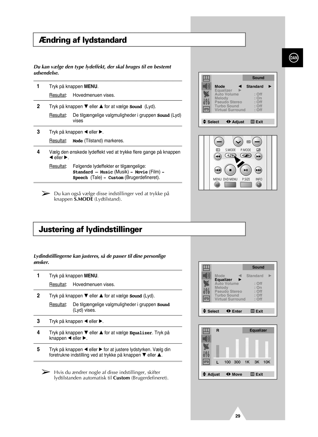 Samsung UW28J10VD5XXEC, UW21J10VD5XXEC manual Ændring af lydstandard, Justering af lydindstillinger 