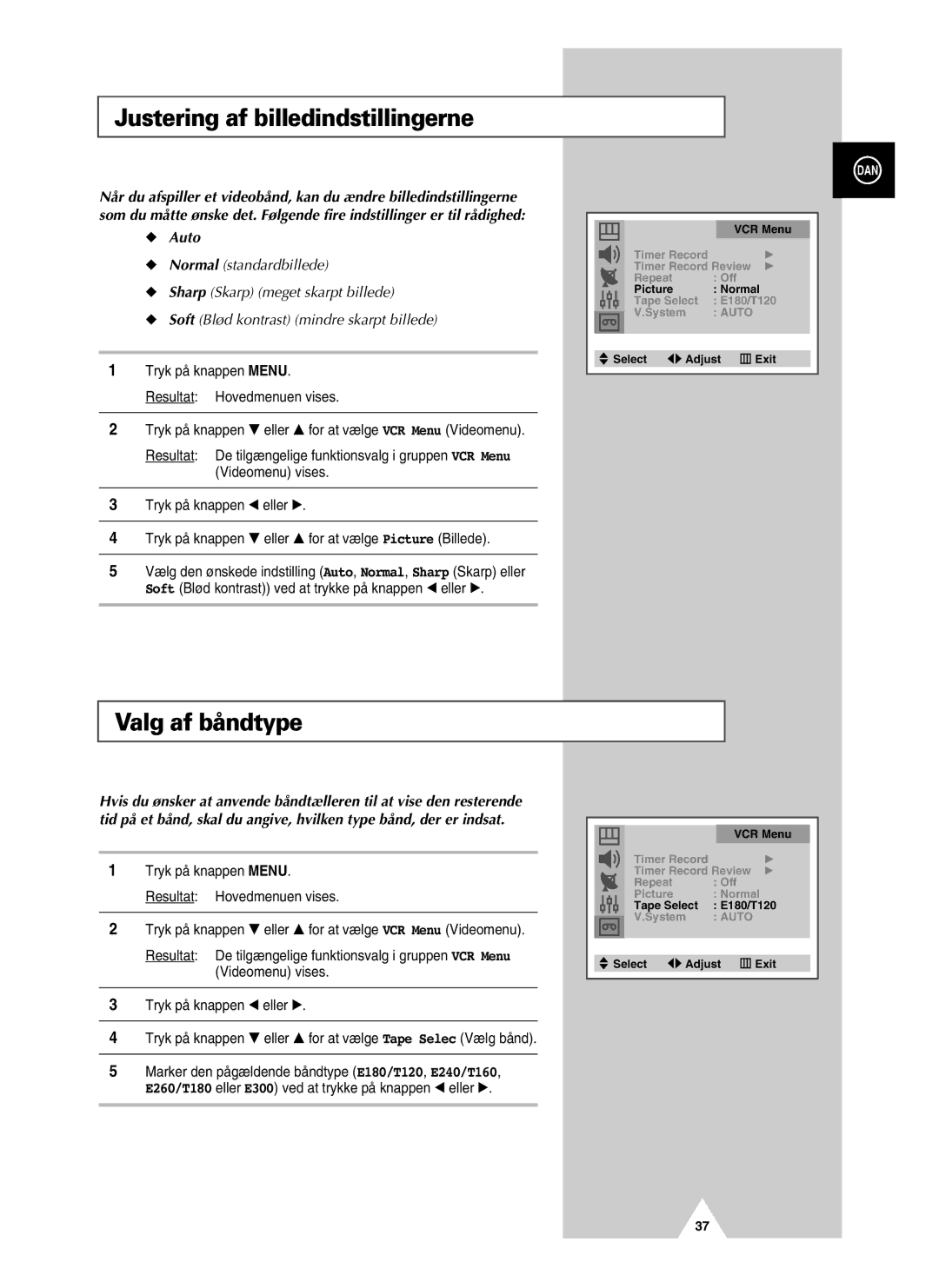 Samsung UW28J10VD5XXEC, UW21J10VD5XXEC manual Justering af billedindstillingerne, Valg af båndtype, Auto 