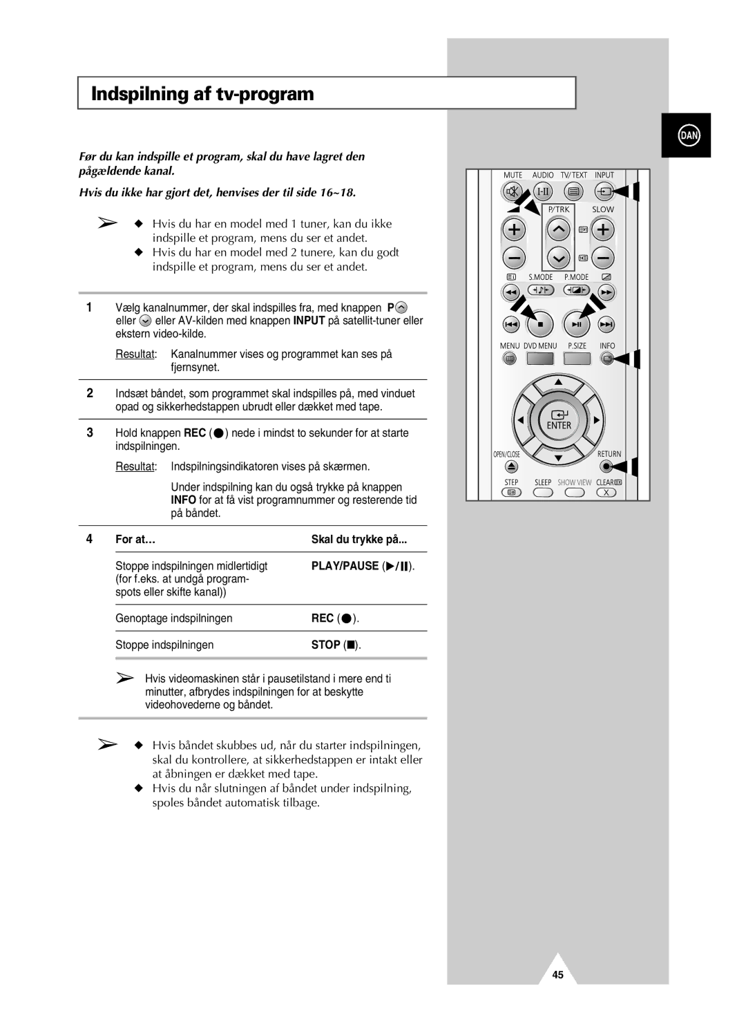 Samsung UW28J10VD5XXEC, UW21J10VD5XXEC manual Indspilning af tv-program, For at…, Rec, Stop 