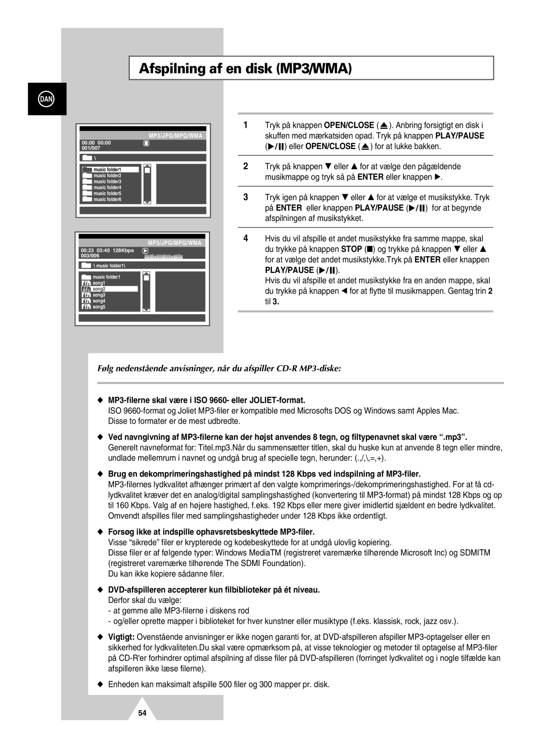 Samsung UW21J10VD5XXEC manual Afspilning af en disk MP3/WMA, MP3-filerne skal være i ISO 9660- eller JOLIET-format 