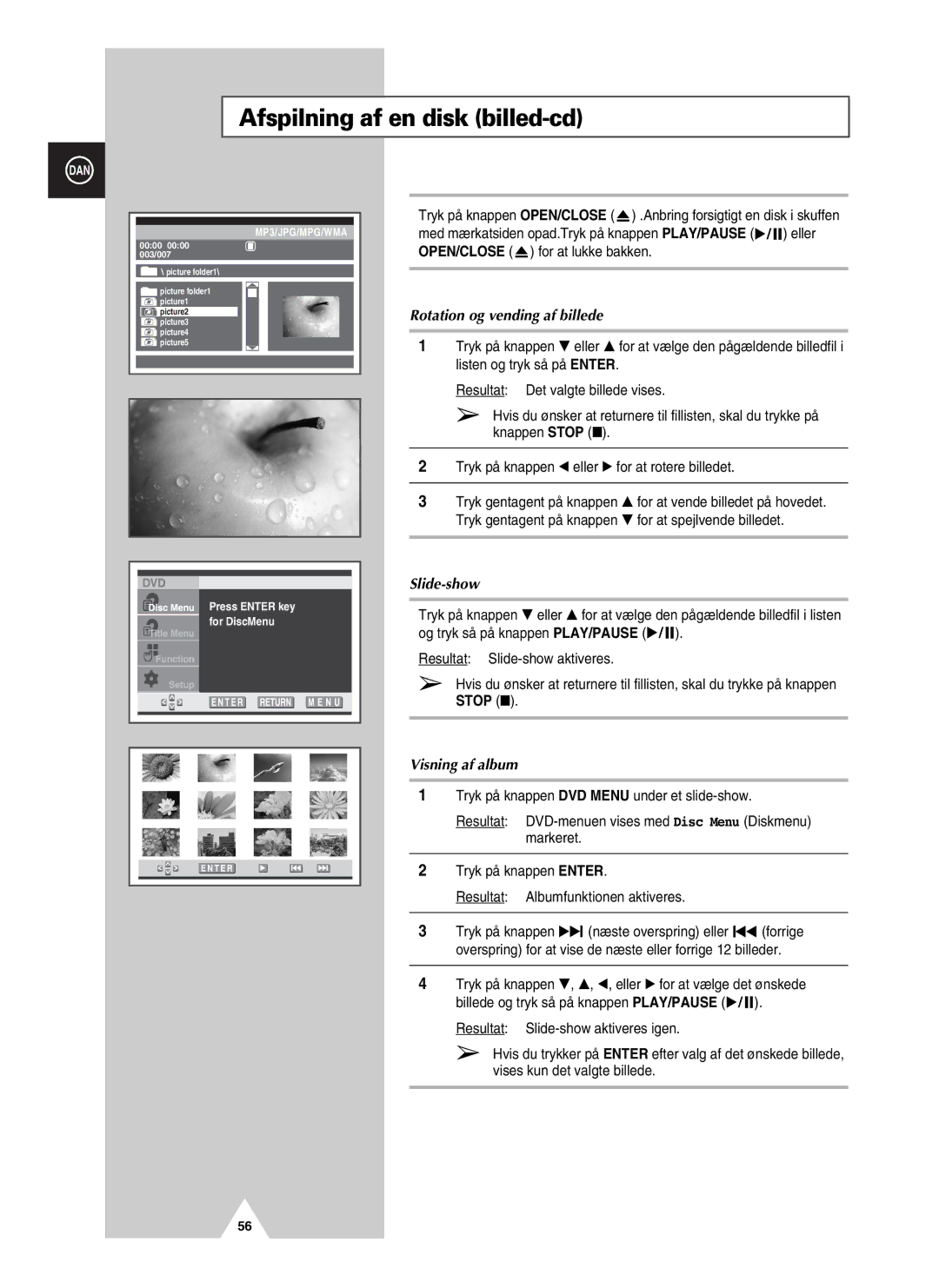 Samsung UW21J10VD5XXEC manual Afspilning af en disk billed-cd, Rotation og vending af billede, Slide-show, Visning af album 