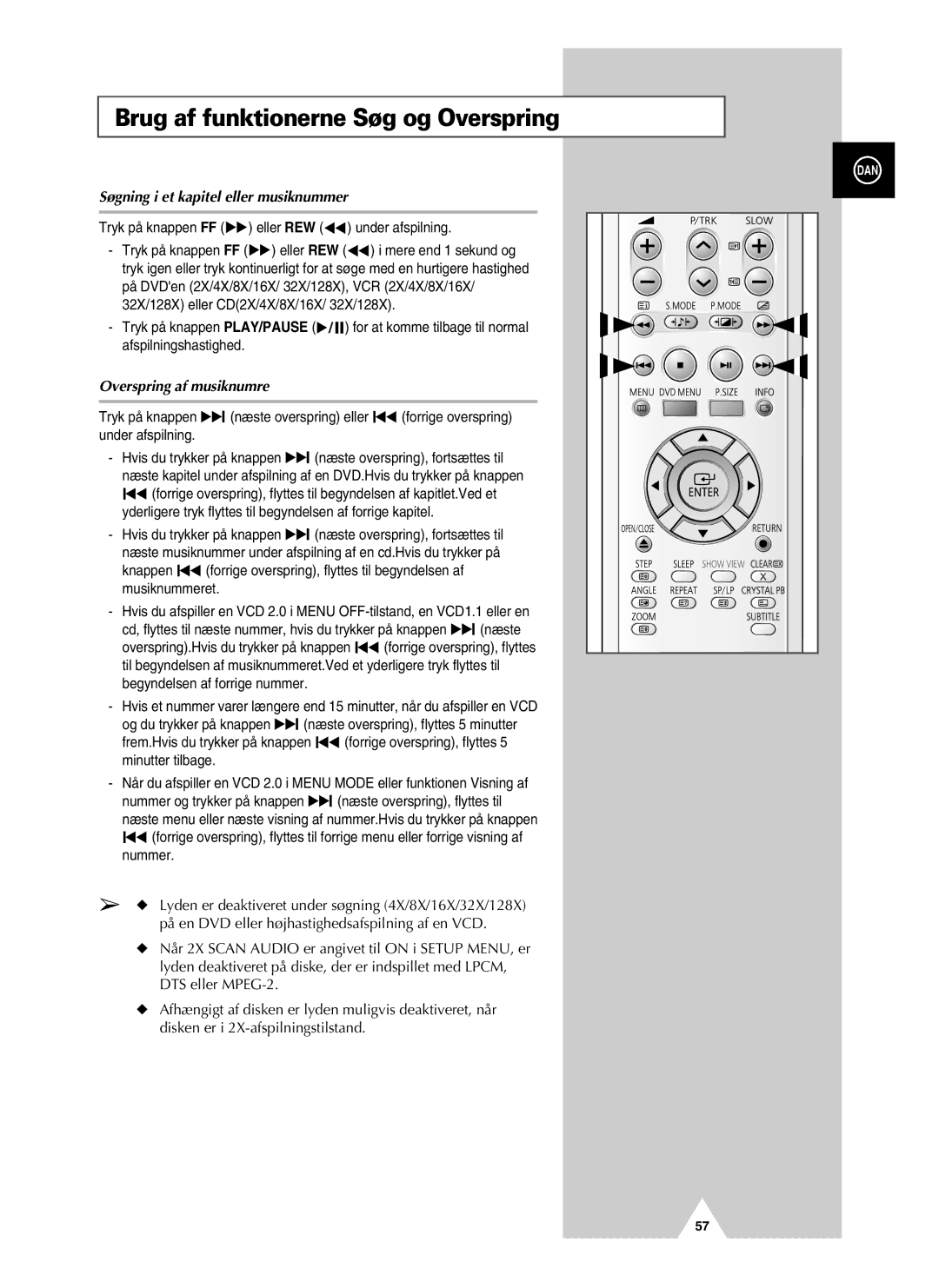 Samsung UW28J10VD5XXEC, UW21J10VD5XXEC manual Brug af funktionerne Søg og Overspring, Søgning i et kapitel eller musiknummer 