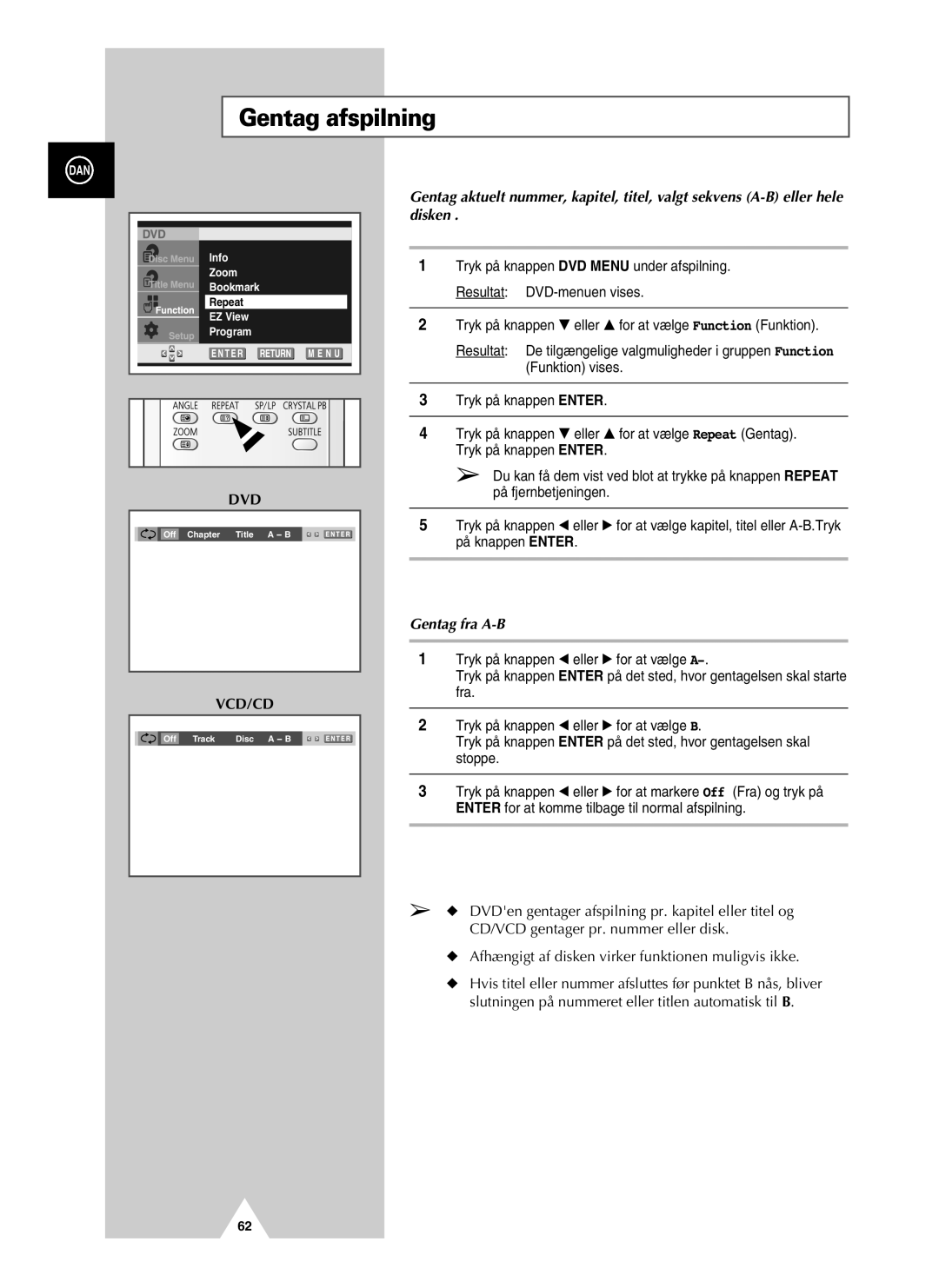 Samsung UW21J10VD5XXEC, UW28J10VD5XXEC manual Gentag afspilning, Gentag fra A-B 