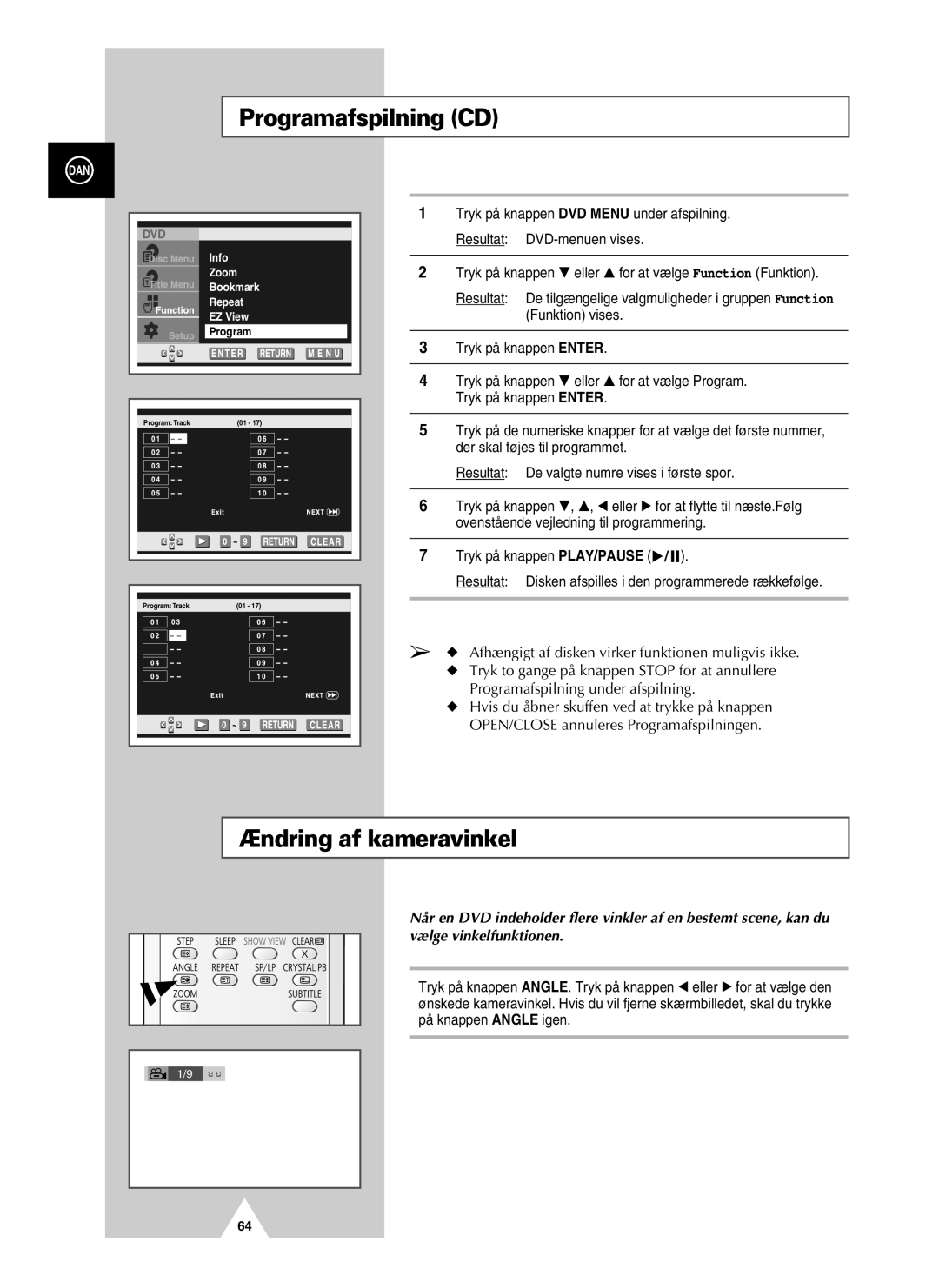 Samsung UW21J10VD5XXEC, UW28J10VD5XXEC manual Programafspilning CD, Ændring af kameravinkel 