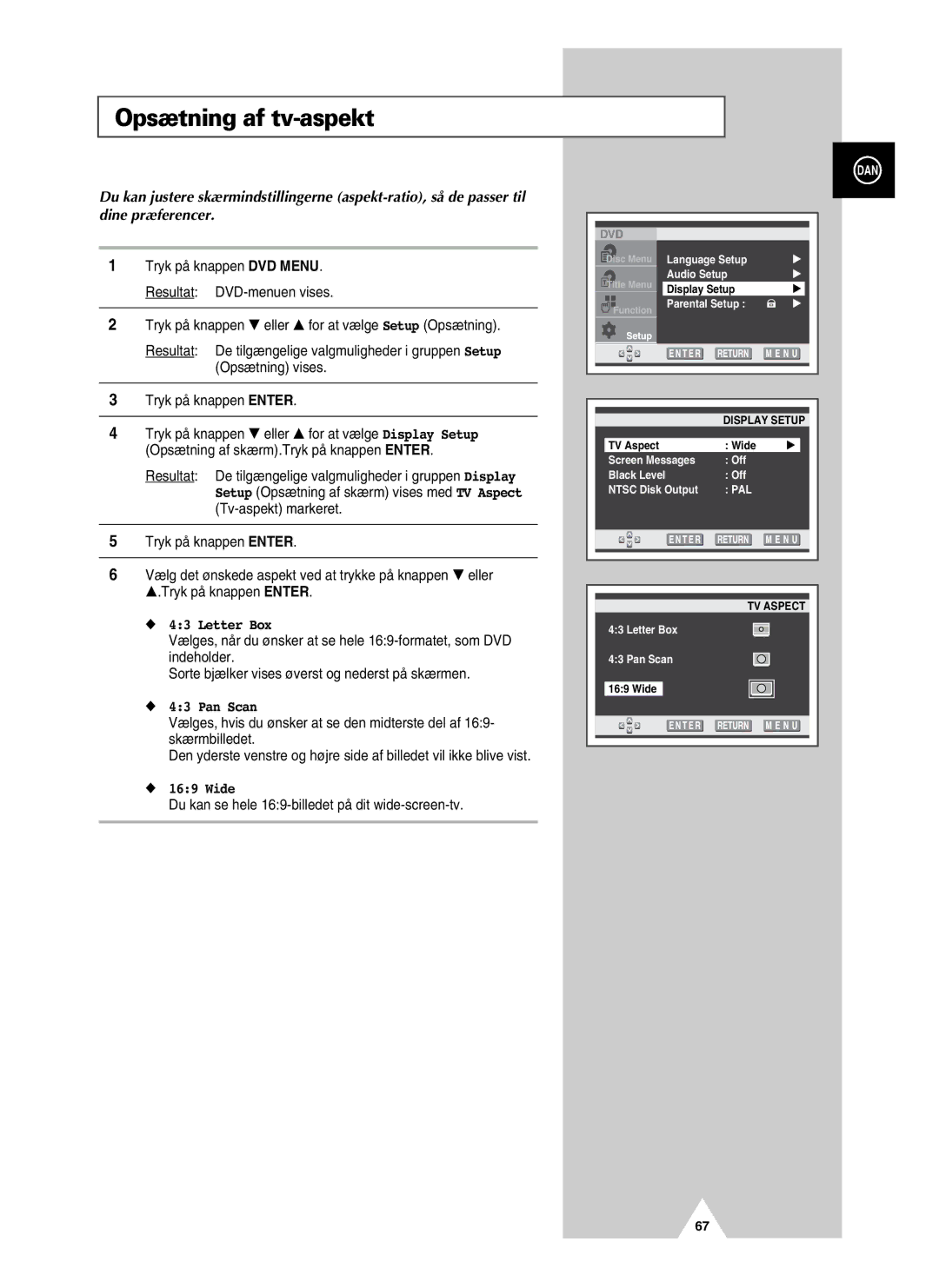 Samsung UW28J10VD5XXEC, UW21J10VD5XXEC manual Opsætning af tv-aspekt, Letter Box, Pan Scan, Wide 