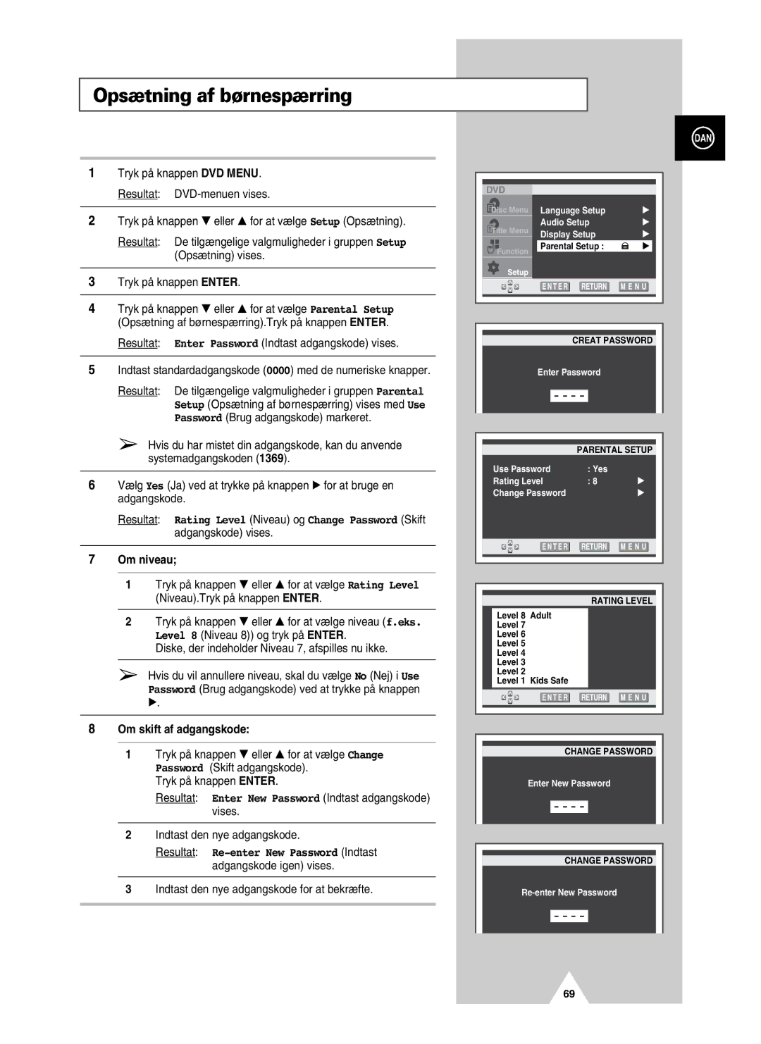 Samsung UW28J10VD5XXEC, UW21J10VD5XXEC manual Opsætning af børnespærring, Om niveau, Om skift af adgangskode 