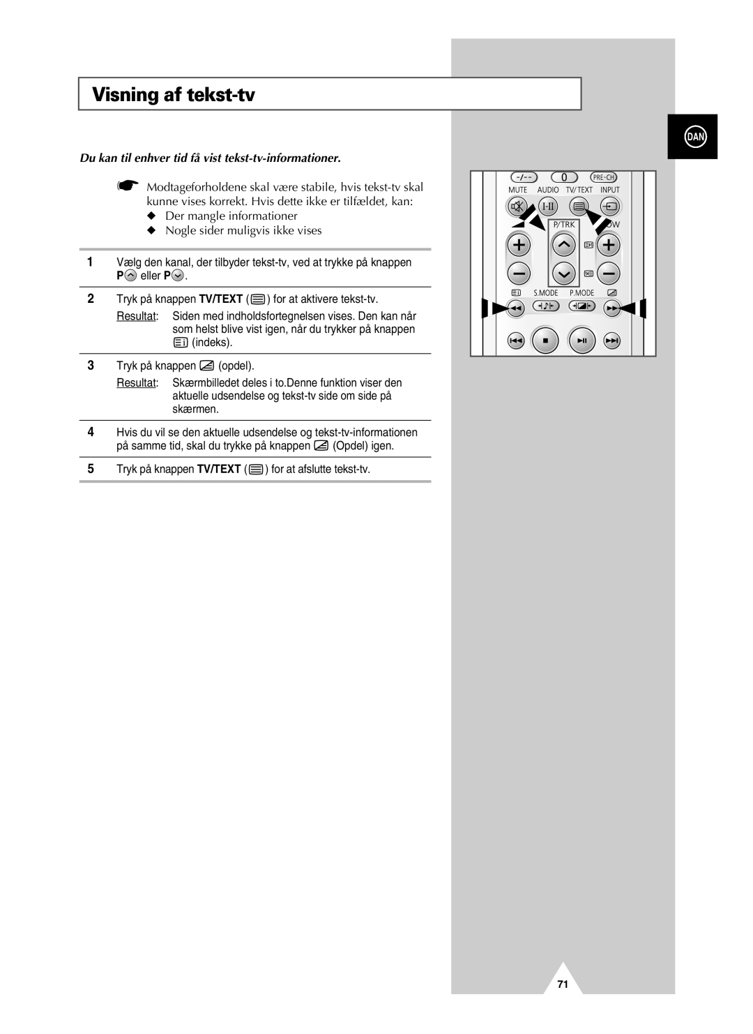 Samsung UW28J10VD5XXEC, UW21J10VD5XXEC manual Visning af tekst-tv, Du kan til enhver tid få vist tekst-tv-informationer 