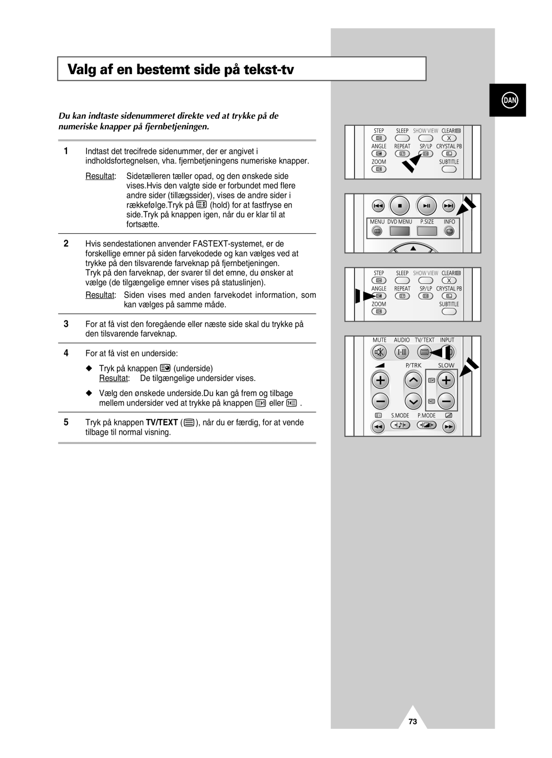 Samsung UW28J10VD5XXEC, UW21J10VD5XXEC manual Valg af en bestemt side på tekst-tv 