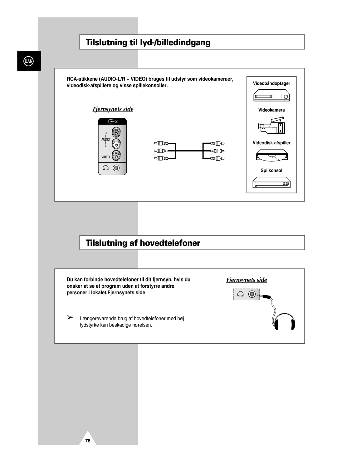 Samsung UW21J10VD5XXEC, UW28J10VD5XXEC manual Tilslutning til lyd-/billedindgang, Tilslutning af hovedtelefoner 