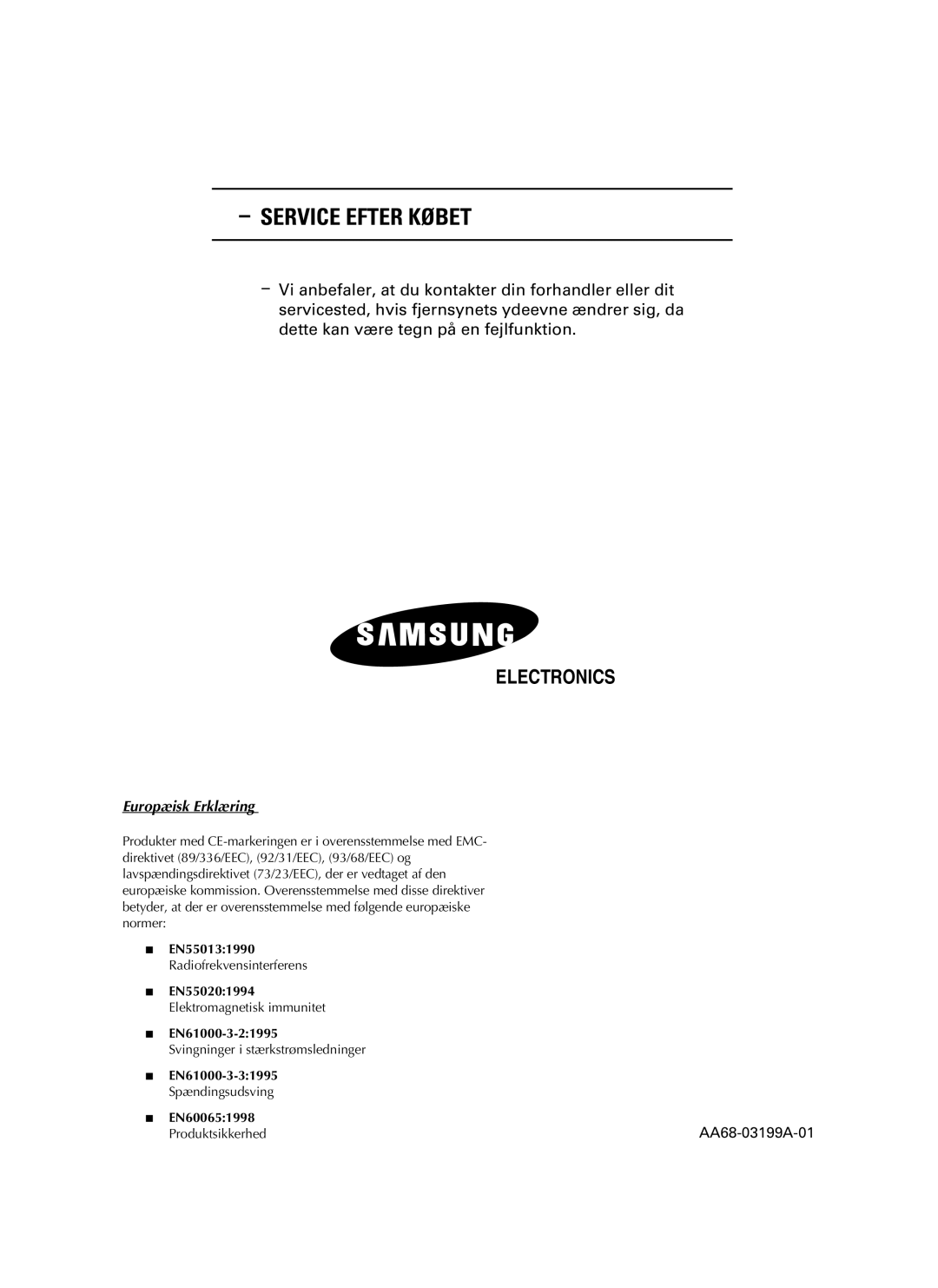 Samsung UW21J10VD5XXEC, UW28J10VD5XXEC manual Service Efter Købet, Europæisk Erklæring 