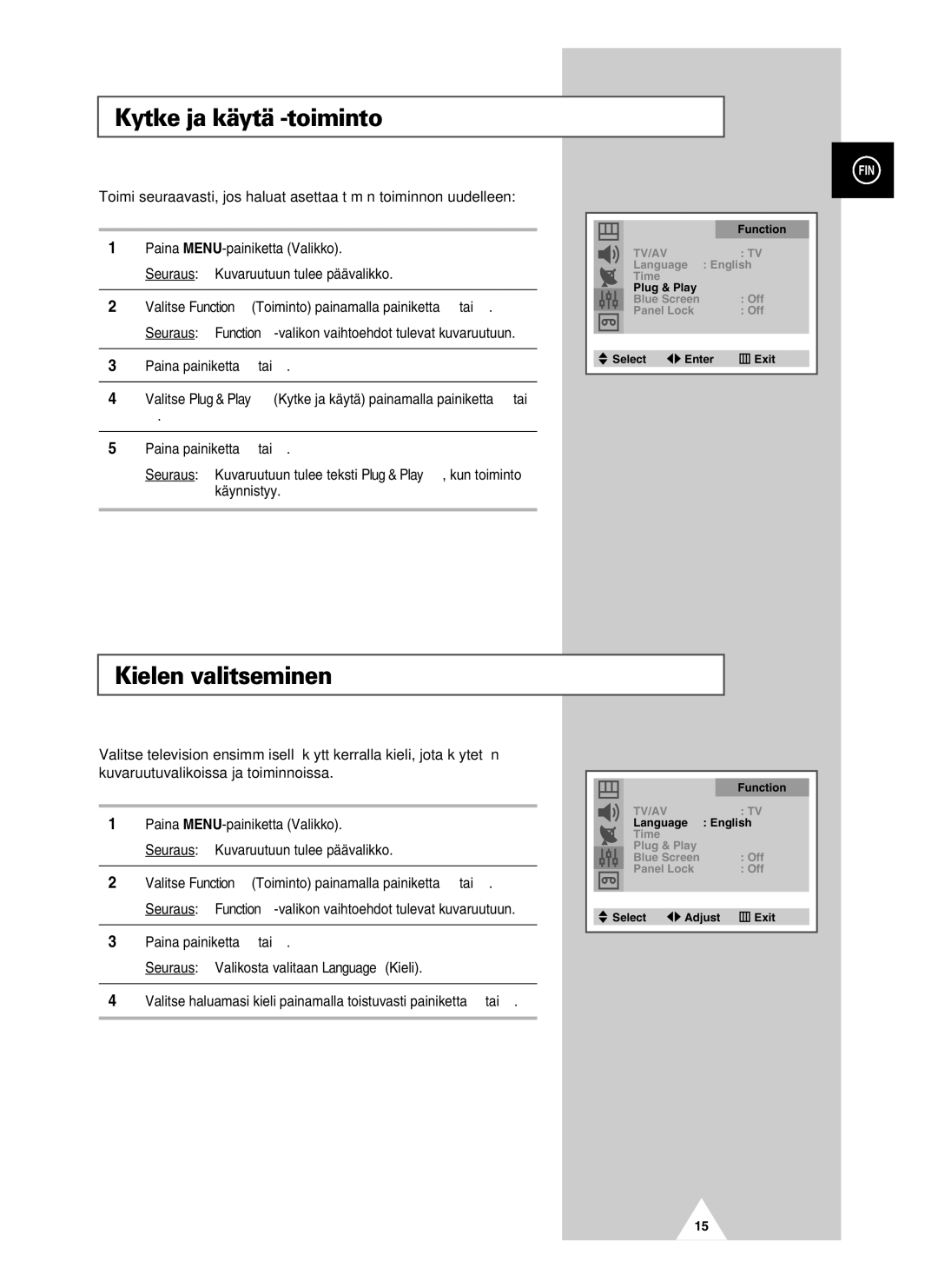 Samsung UW28J10VD5XXEC, UW21J10VD5XXEC manual Kielen valitseminen 