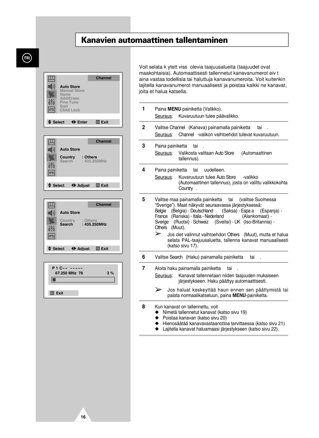 Samsung UW21J10VD5XXEC, UW28J10VD5XXEC manual Kanavien automaattinen tallentaminen, Country 