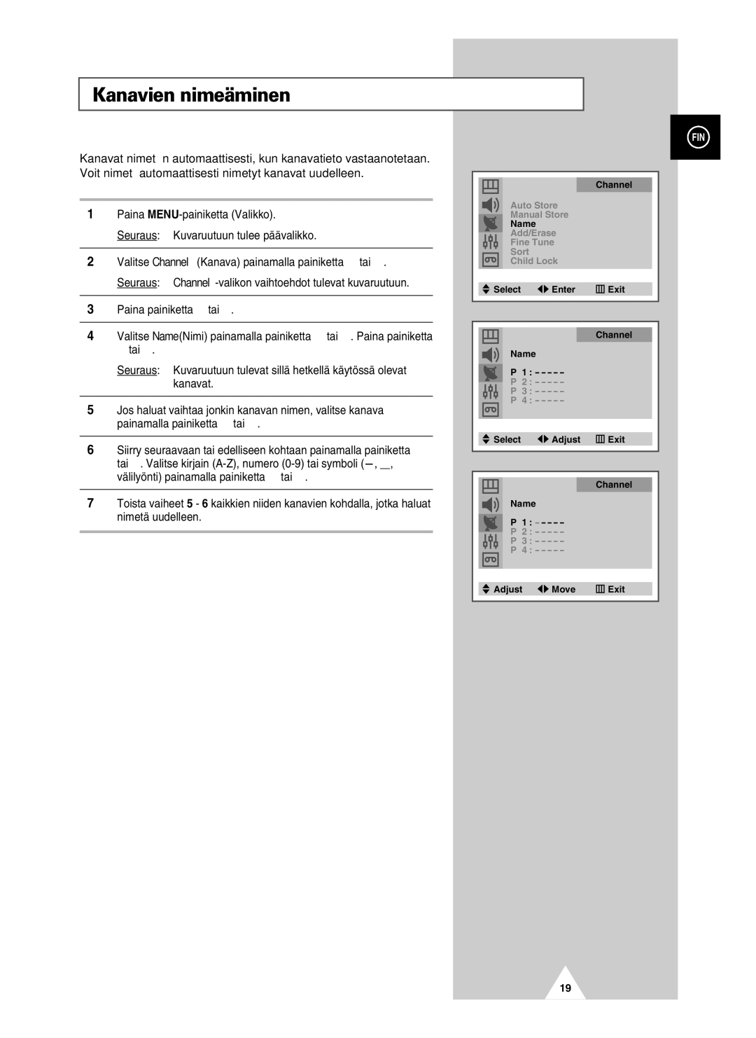 Samsung UW28J10VD5XXEC, UW21J10VD5XXEC manual Kanavien nimeäminen 