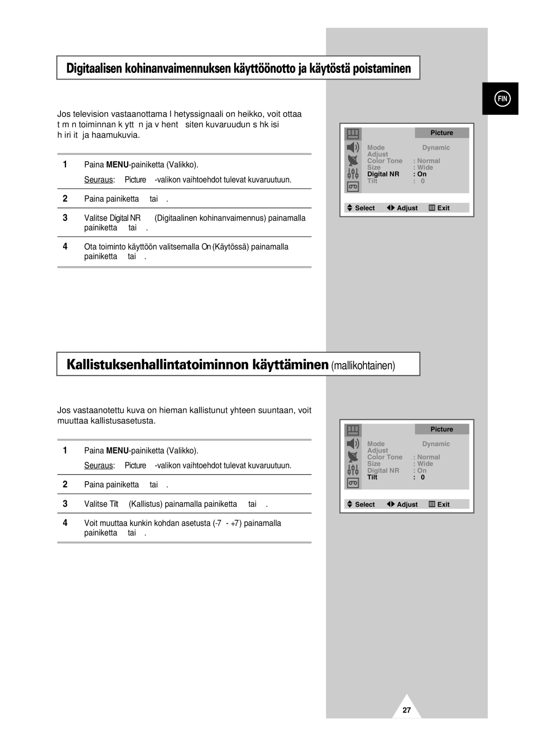 Samsung UW28J10VD5XXEC, UW21J10VD5XXEC manual Kallistuksenhallintatoiminnon käyttäminen mallikohtainen 