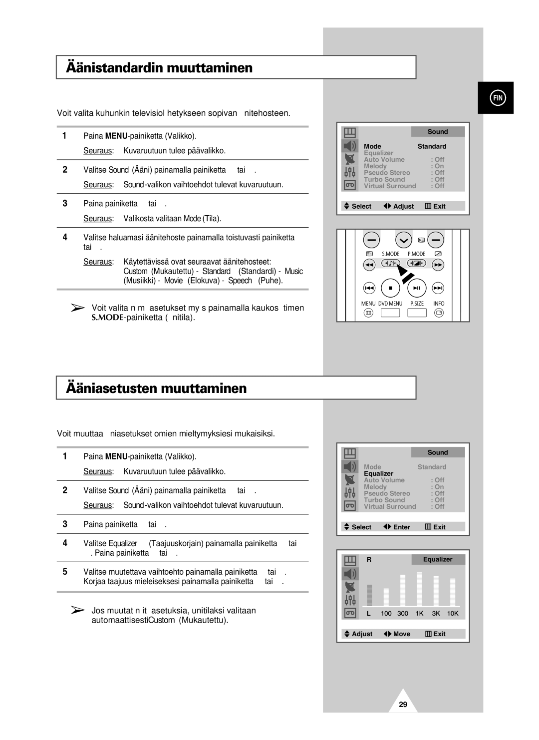 Samsung UW28J10VD5XXEC, UW21J10VD5XXEC manual Äänistandardin muuttaminen, Ääniasetusten muuttaminen 