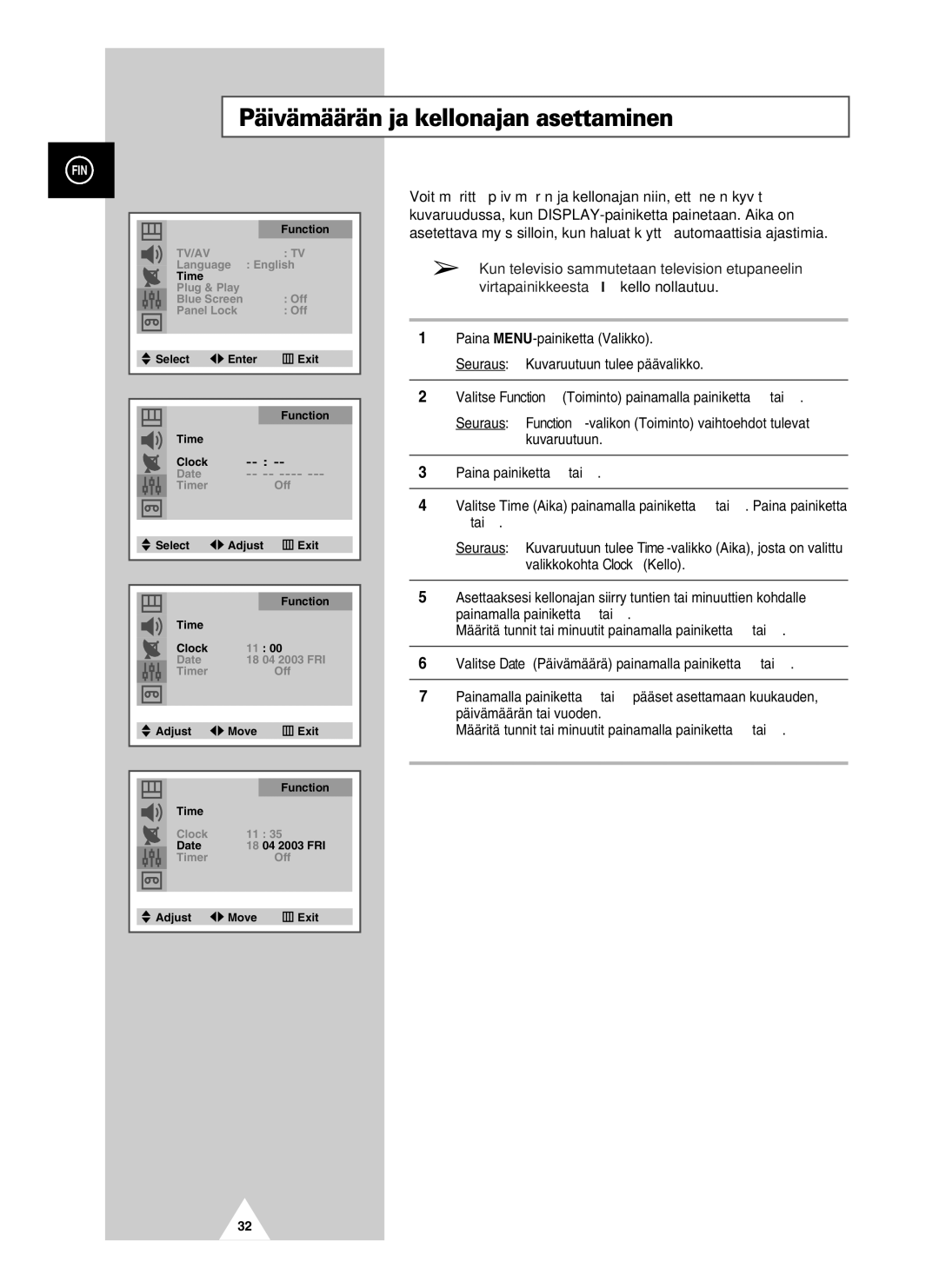 Samsung UW21J10VD5XXEC, UW28J10VD5XXEC manual Päivämäärän ja kellonajan asettaminen 