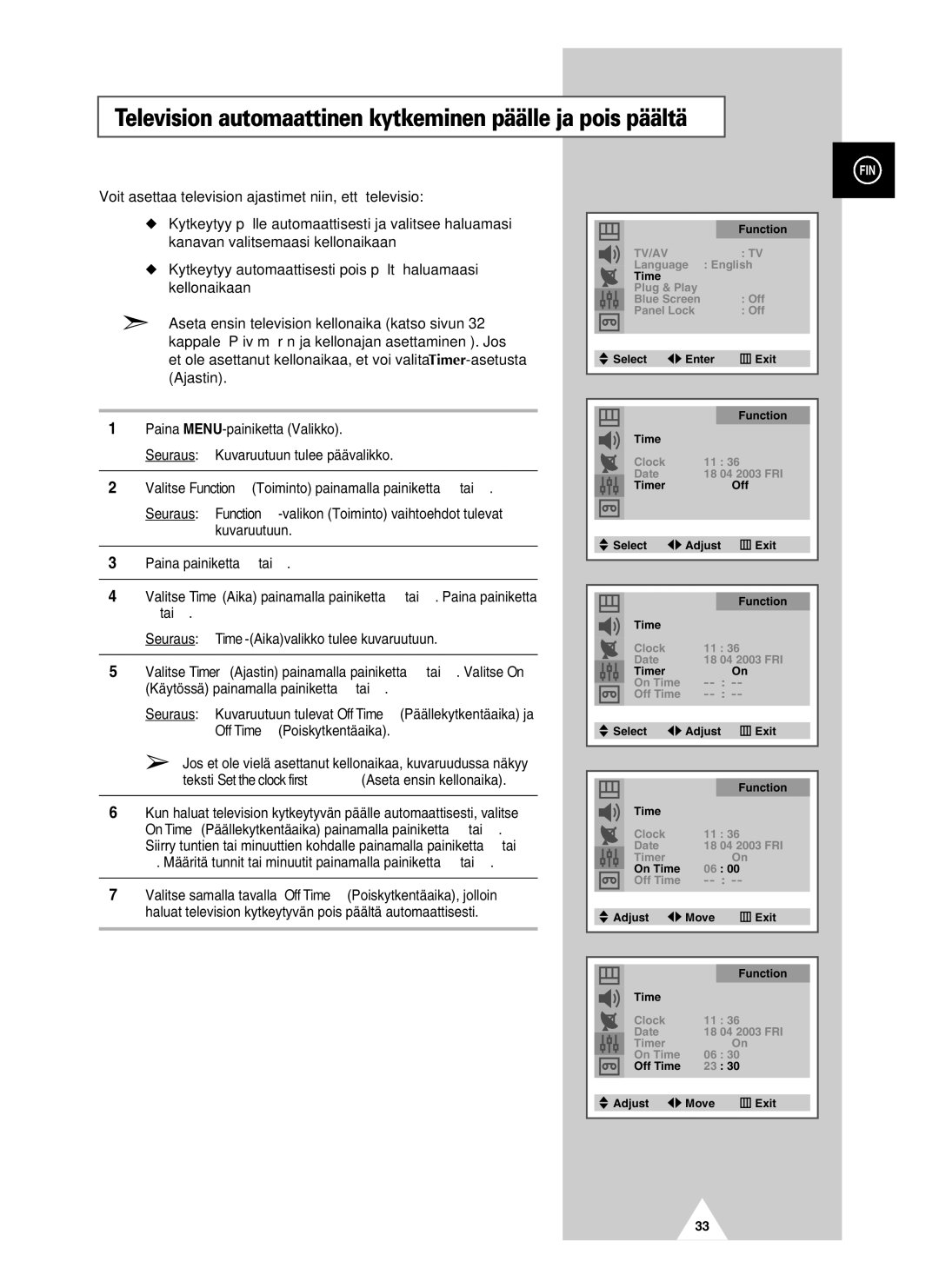 Samsung UW28J10VD5XXEC, UW21J10VD5XXEC manual Television automaattinen kytkeminen päälle ja pois päältä 