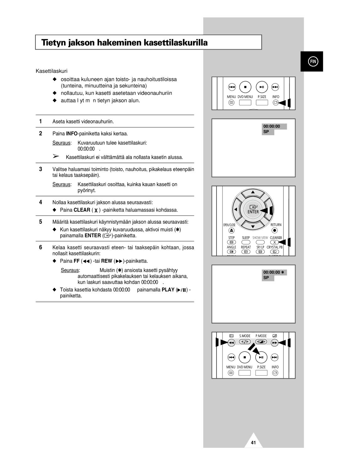 Samsung UW28J10VD5XXEC, UW21J10VD5XXEC manual Tietyn jakson hakeminen kasettilaskurilla, Kasettilaskuri, 000000 