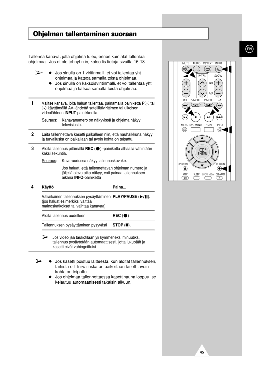 Samsung UW28J10VD5XXEC, UW21J10VD5XXEC manual Ohjelman tallentaminen suoraan, Käyttö Paina, Rec, Stop 