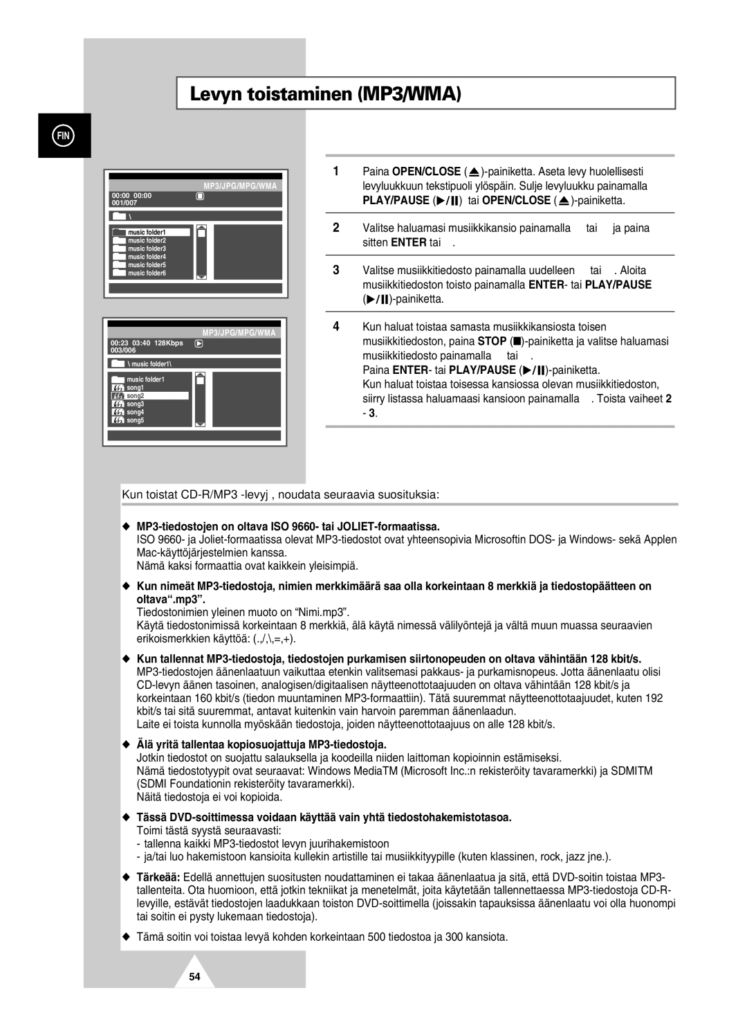 Samsung UW21J10VD5XXEC, UW28J10VD5XXEC manual Levyn toistaminen MP3/WMA, PLAY/PAUSE tai OPEN/CLOSE -painiketta 