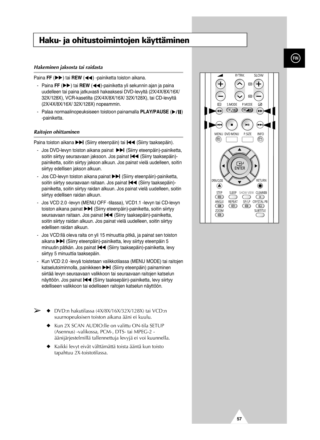 Samsung UW28J10VD5XXEC manual Haku- ja ohitustoimintojen käyttäminen, Hakeminen jaksosta tai raidasta, Raitojen ohittaminen 