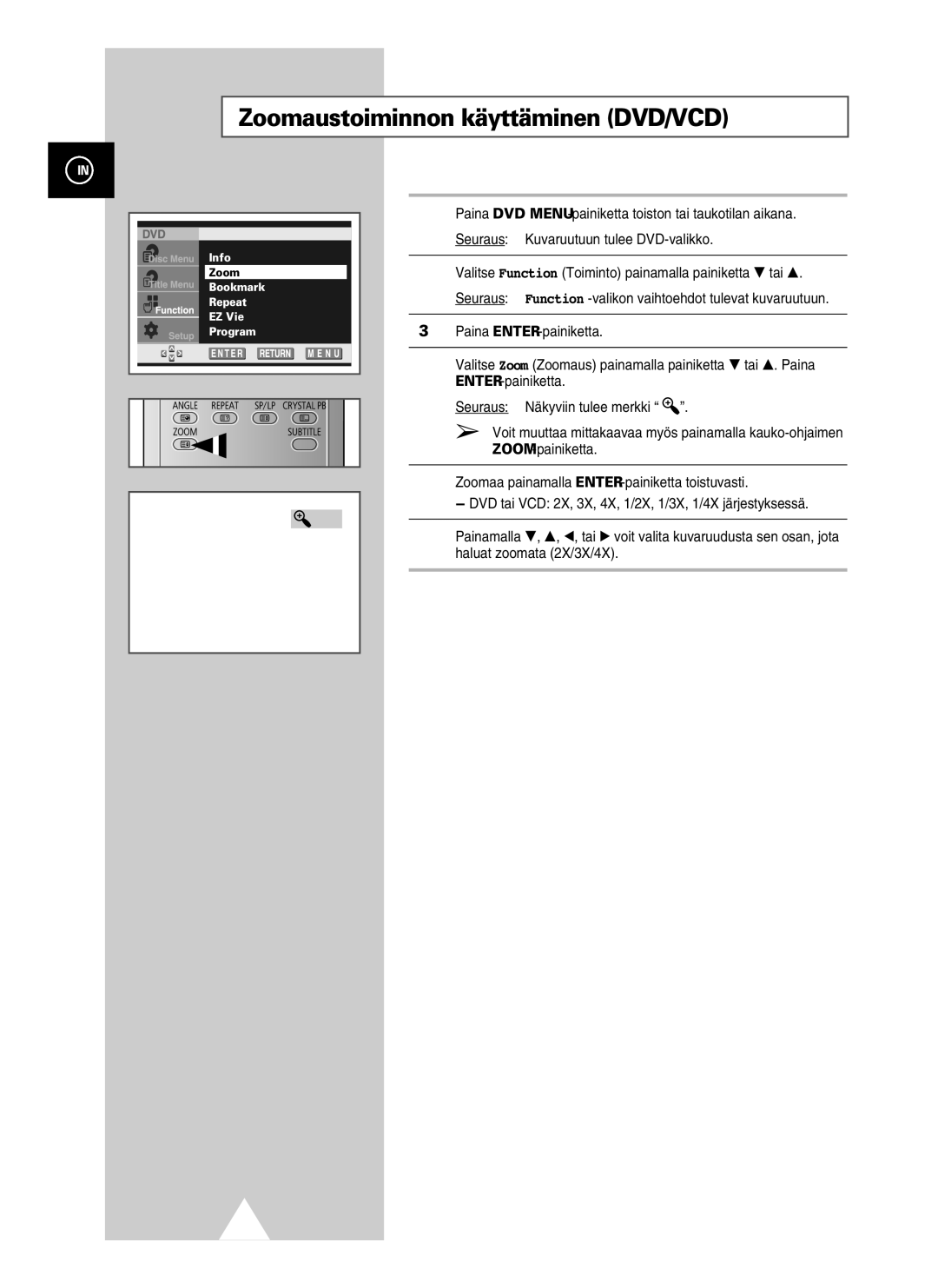 Samsung UW21J10VD5XXEC, UW28J10VD5XXEC manual Zoomaustoiminnon käyttäminen DVD/VCD 