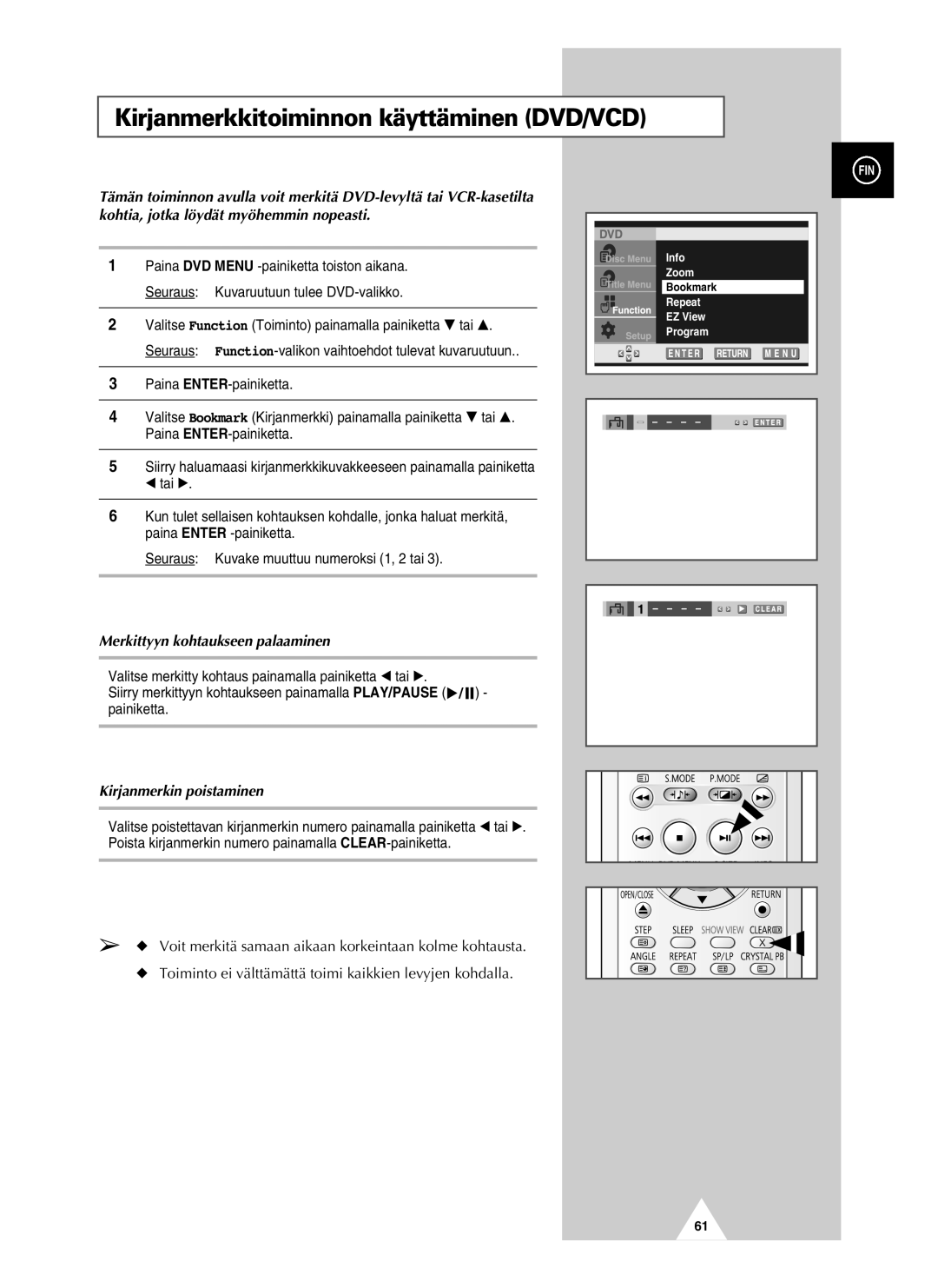 Samsung UW28J10VD5XXEC, UW21J10VD5XXEC manual Kirjanmerkkitoiminnon käyttäminen DVD/VCD, Merkittyyn kohtaukseen palaaminen 