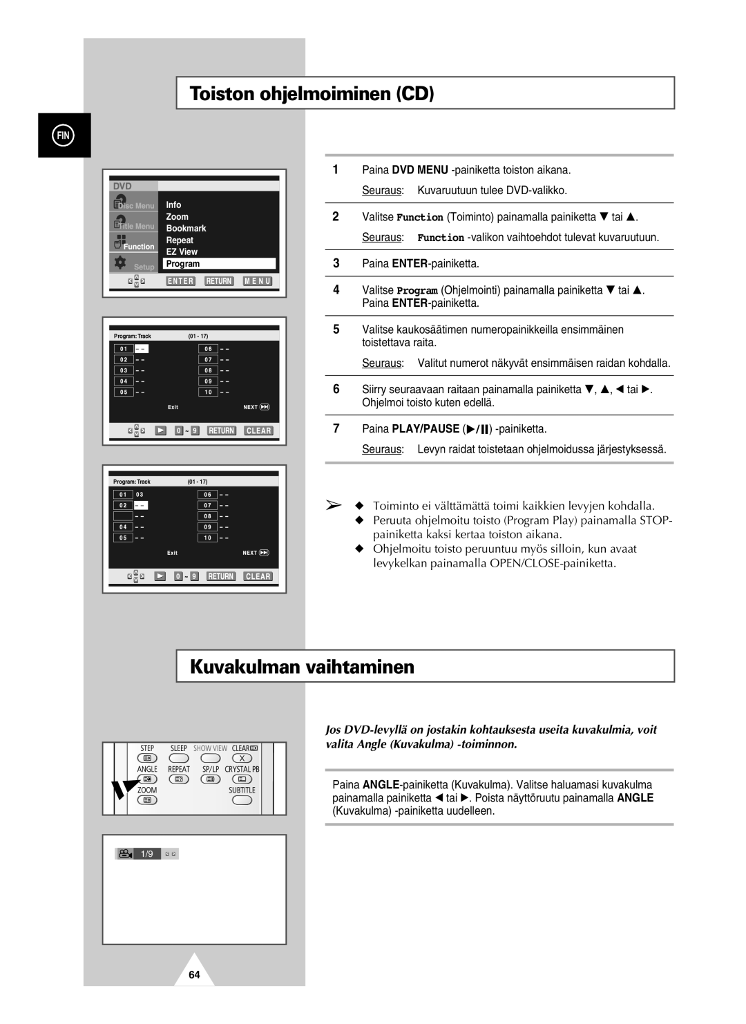 Samsung UW21J10VD5XXEC, UW28J10VD5XXEC manual Toiston ohjelmoiminen CD, Kuvakulman vaihtaminen 