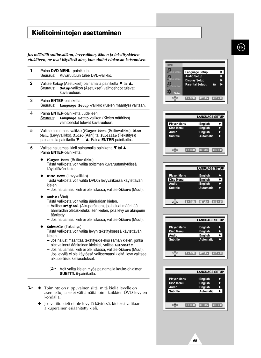 Samsung UW28J10VD5XXEC, UW21J10VD5XXEC manual Kielitoimintojen asettaminen, Audio Ääni 