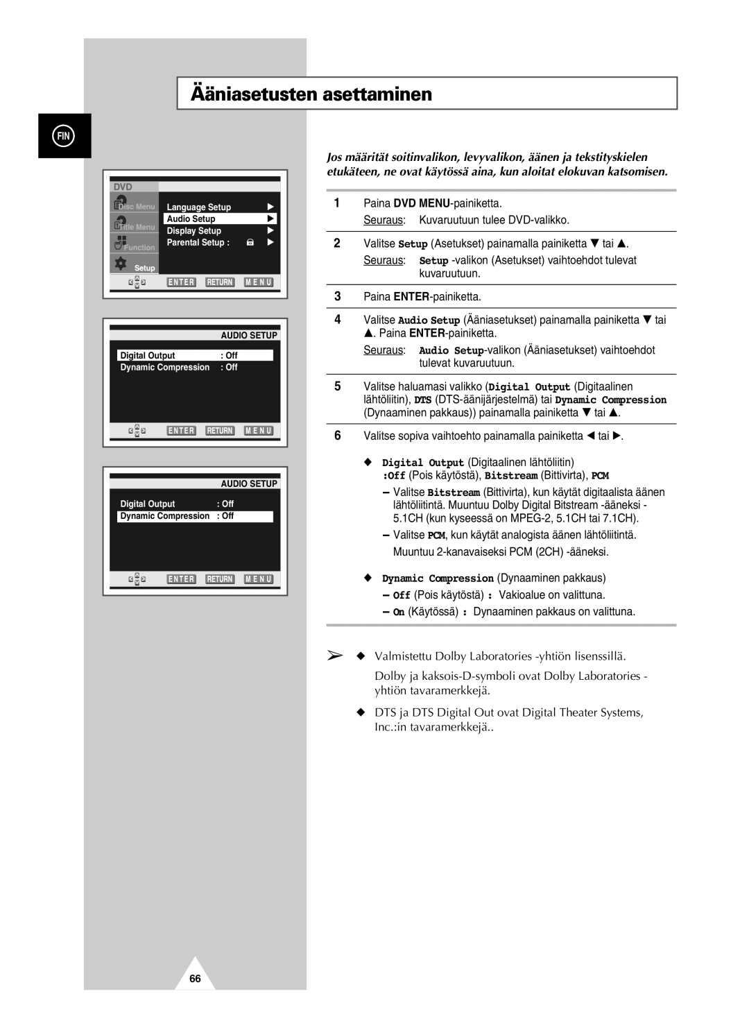 Samsung UW21J10VD5XXEC, UW28J10VD5XXEC manual Ääniasetusten asettaminen, Dynamic Compression Dynaaminen pakkaus 