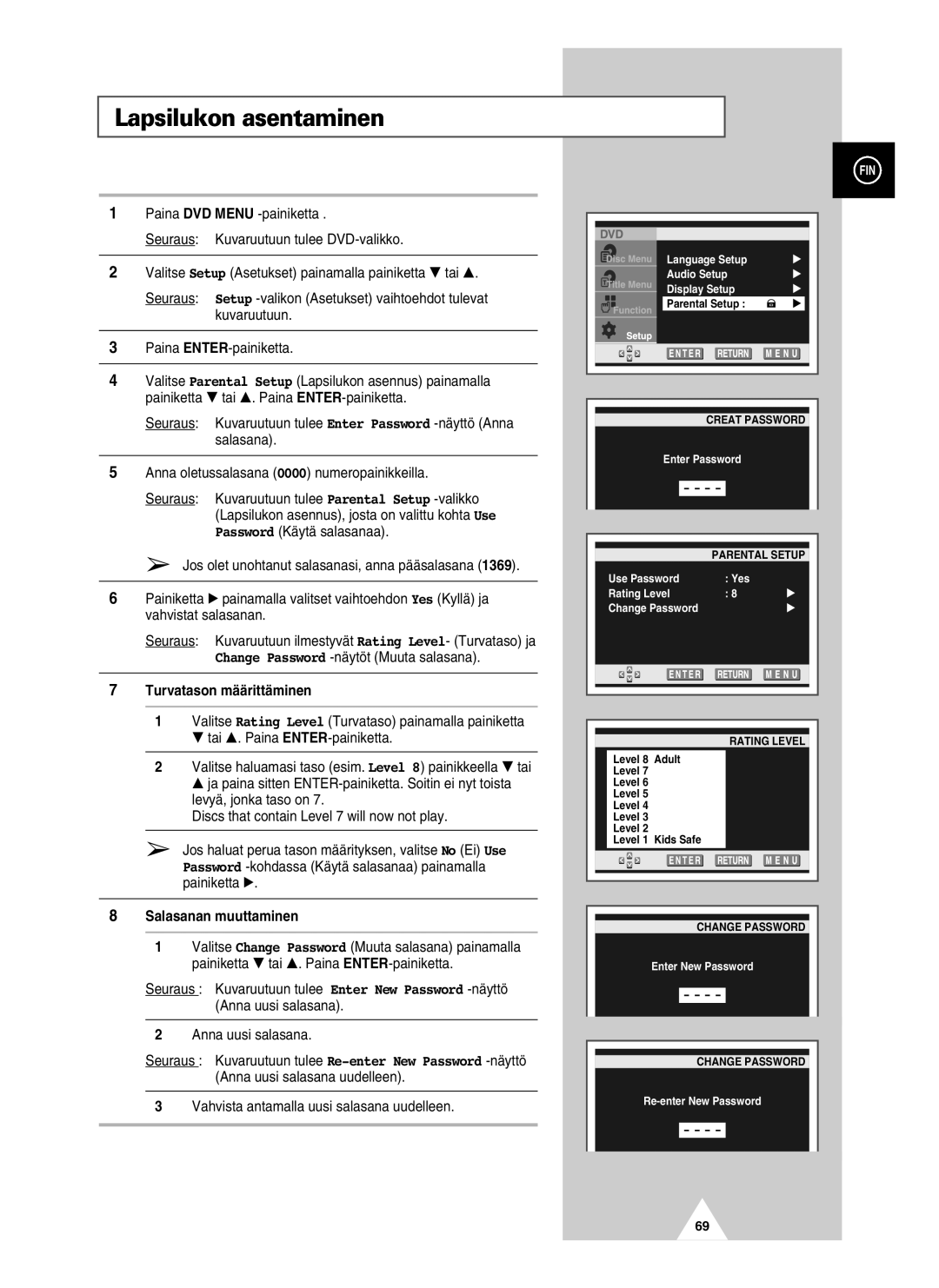 Samsung UW28J10VD5XXEC, UW21J10VD5XXEC manual Lapsilukon asentaminen, Turvatason määrittäminen, Salasanan muuttaminen 