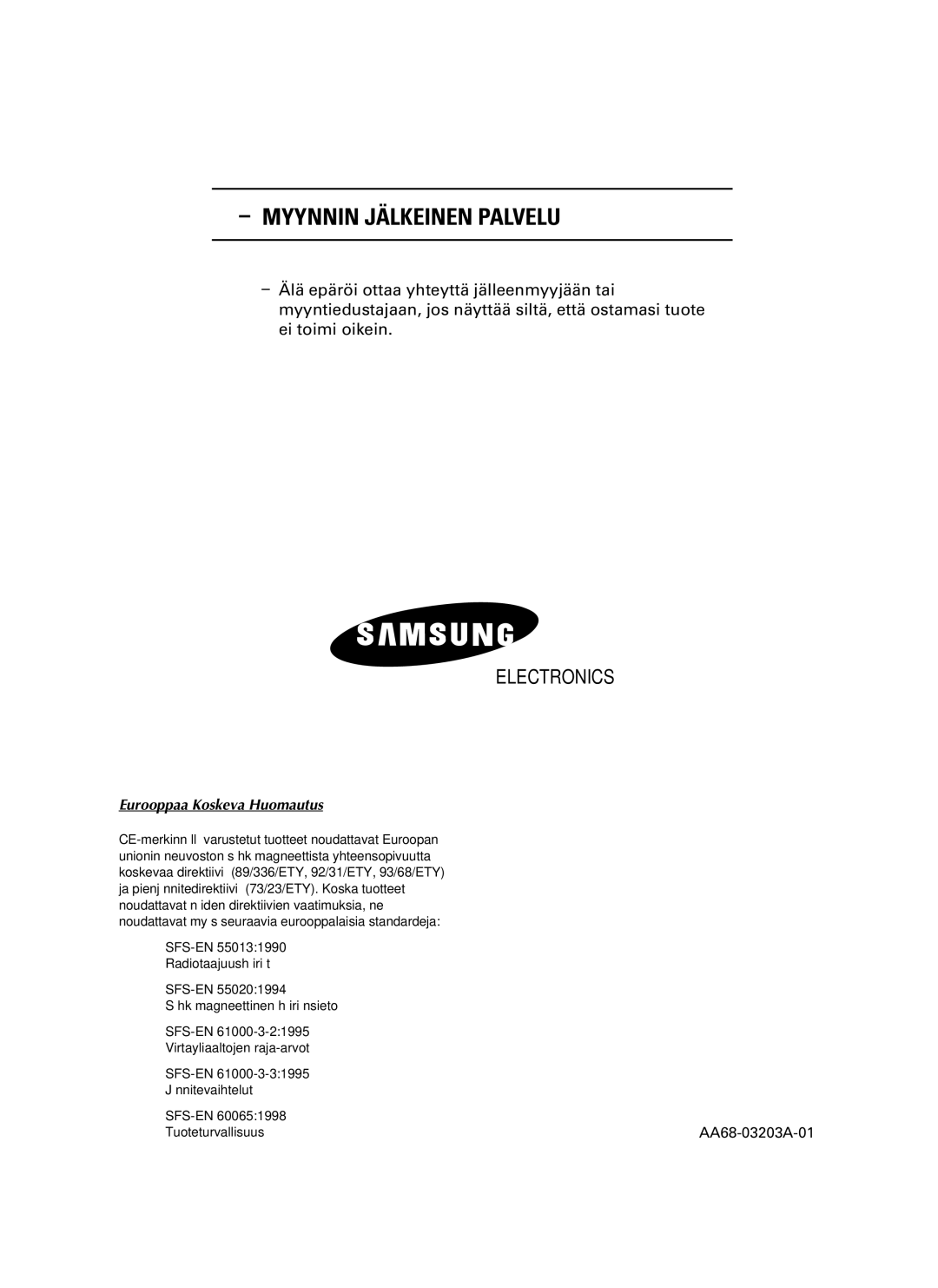 Samsung UW21J10VD5XXEC, UW28J10VD5XXEC manual Myynnin Jälkeinen Palvelu, Eurooppaa Koskeva Huomautus 