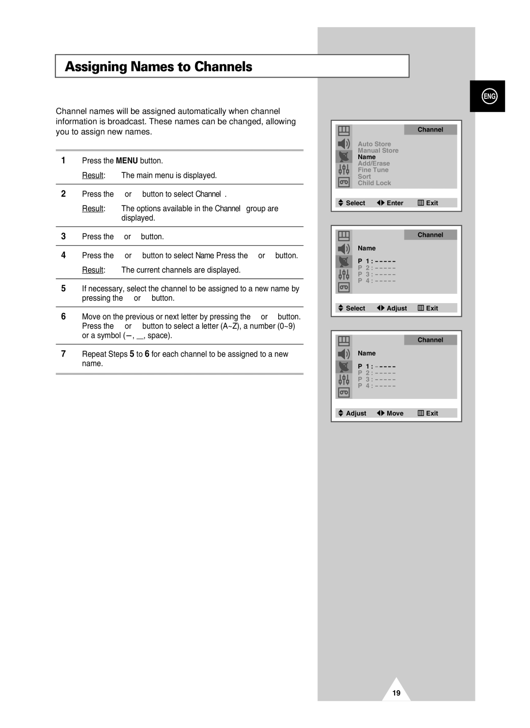 Samsung UW21J10VD5XXEG, UW28J10VD5XXEG, UW21J10VD5XXEC, UW28J10VD5XXEC, UW21J10VD5XXEF manual Assigning Names to Channels 