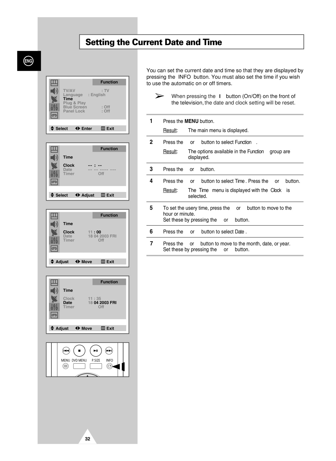 Samsung UW21J10VD5XXEC, UW28J10VD5XXEG, UW21J10VD5XXEG, UW28J10VD5XXEC, UW21J10VD5XXEF manual Setting the Current Date and Time 