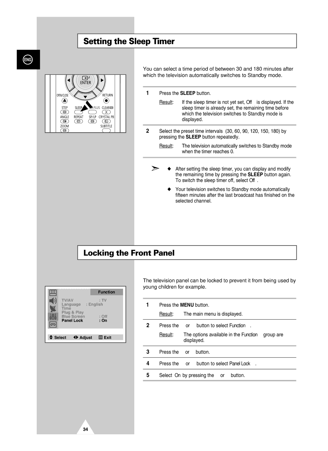 Samsung UW21J10VD5XXEF, UW28J10VD5XXEG, UW21J10VD5XXEG, UW21J10VD5XXEC manual Setting the Sleep Timer, Locking the Front Panel 