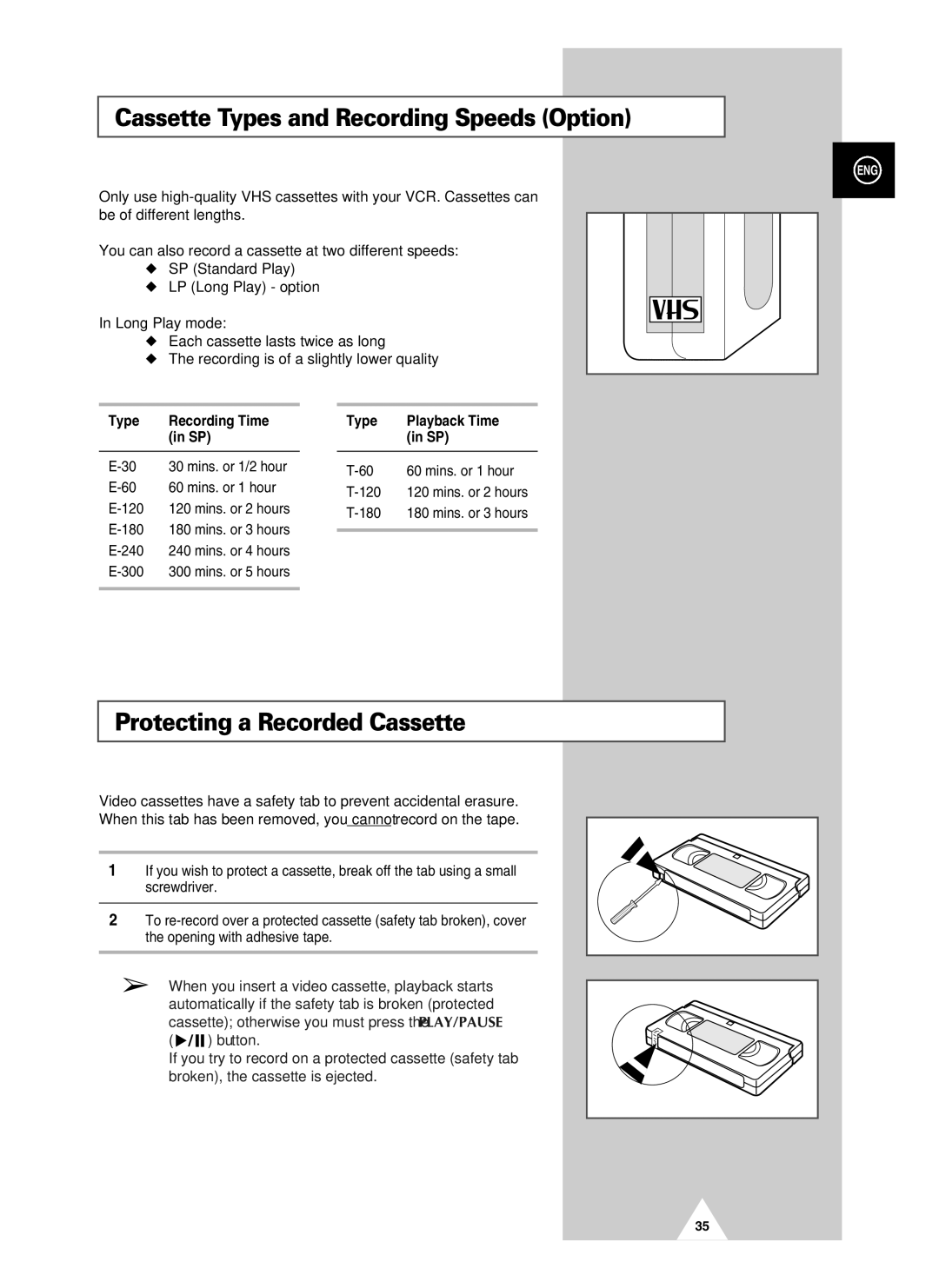 Samsung UW28J10VD5XXEU Cassette Types and Recording Speeds Option, Protecting a Recorded Cassette, Type Recording Time 