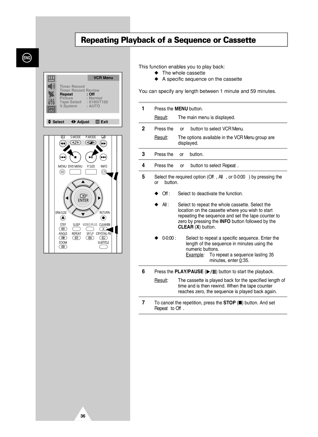 Samsung UW28J10VD5XXEG, UW21J10VD5XXEG, UW21J10VD5XXEC manual Repeating Playback of a Sequence or Cassette, Repeat to Off 