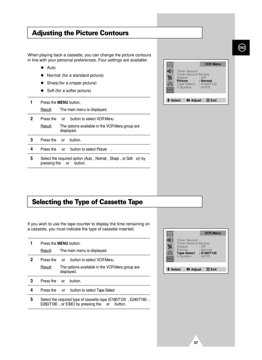 Samsung UW21J10VD5XXEG, UW28J10VD5XXEG manual Adjusting the Picture Contours, Selecting the Type of Cassette Tape, Auto 