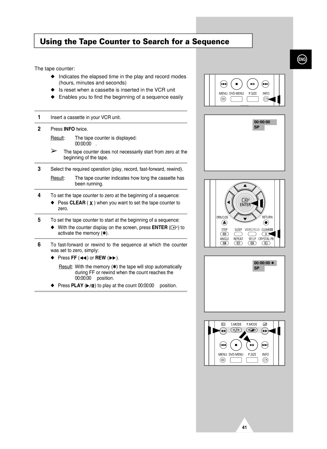 Samsung UW28J10VD5XXEU, UW28J10VD5XXEG, UW21J10VD5XXEG manual Using the Tape Counter to Search for a Sequence, 000000 