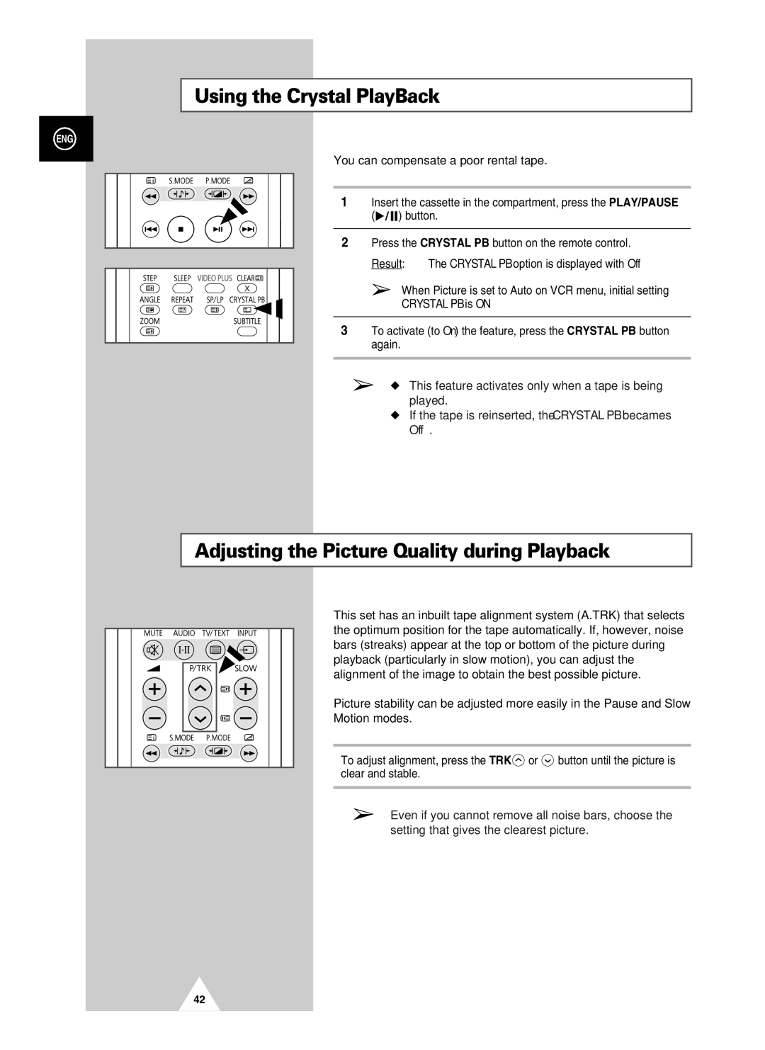 Samsung UW28J10VD5XXEG, UW21J10VD5XXEG manual Using the Crystal PlayBack, Adjusting the Picture Quality during Playback 