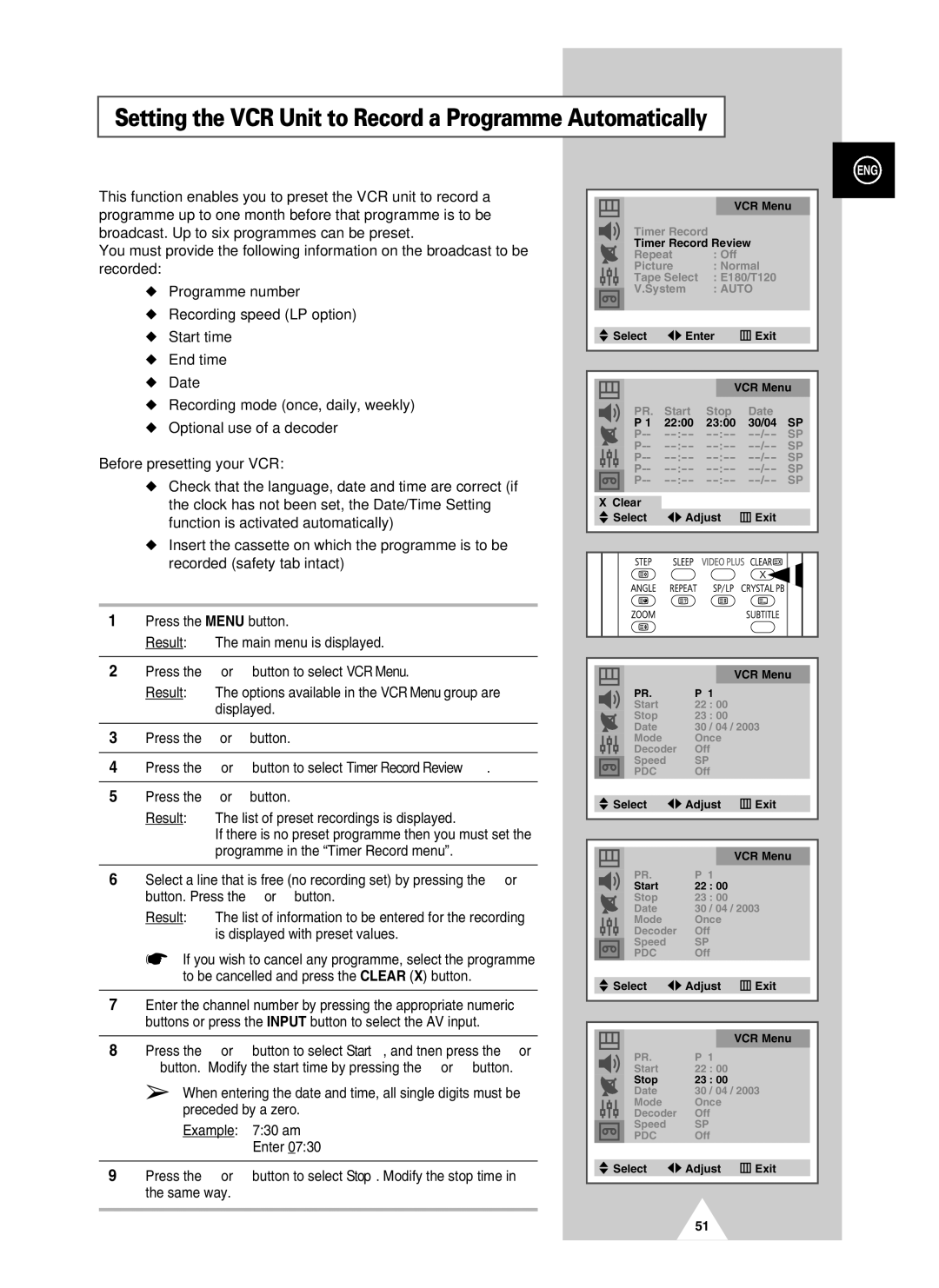 Samsung UW28J10VD5XXEC, UW28J10VD5XXEG, UW21J10VD5XXEG manual Setting the VCR Unit to Record a Programme Automatically 