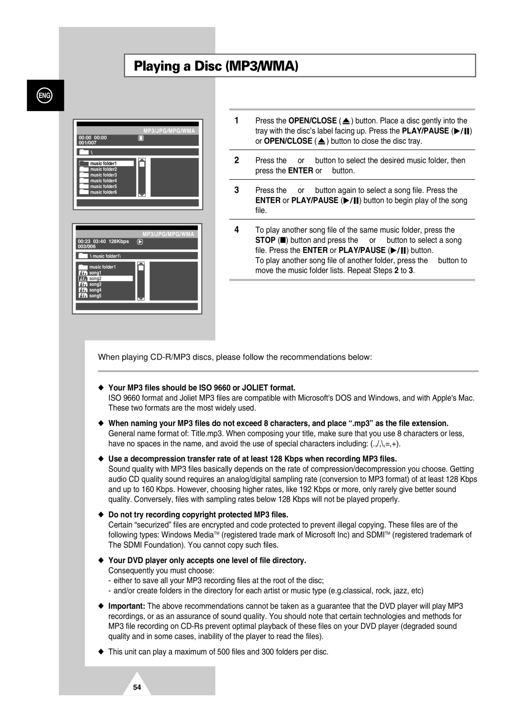 Samsung UW28J10VD5XXEG, UW21J10VD5XXEG manual Playing a Disc MP3/WMA, Your MP3 files should be ISO 9660 or Joliet format 