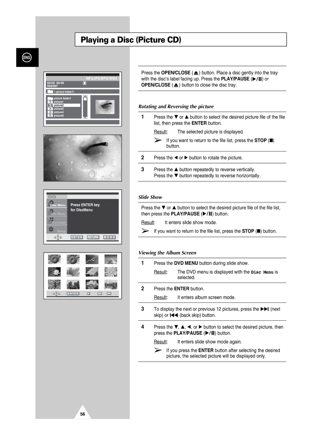 Samsung UW21J10VD5XXEC Playing a Disc Picture CD, Rotating and Reversing the picture, Slide Show, Viewing the Album Screen 